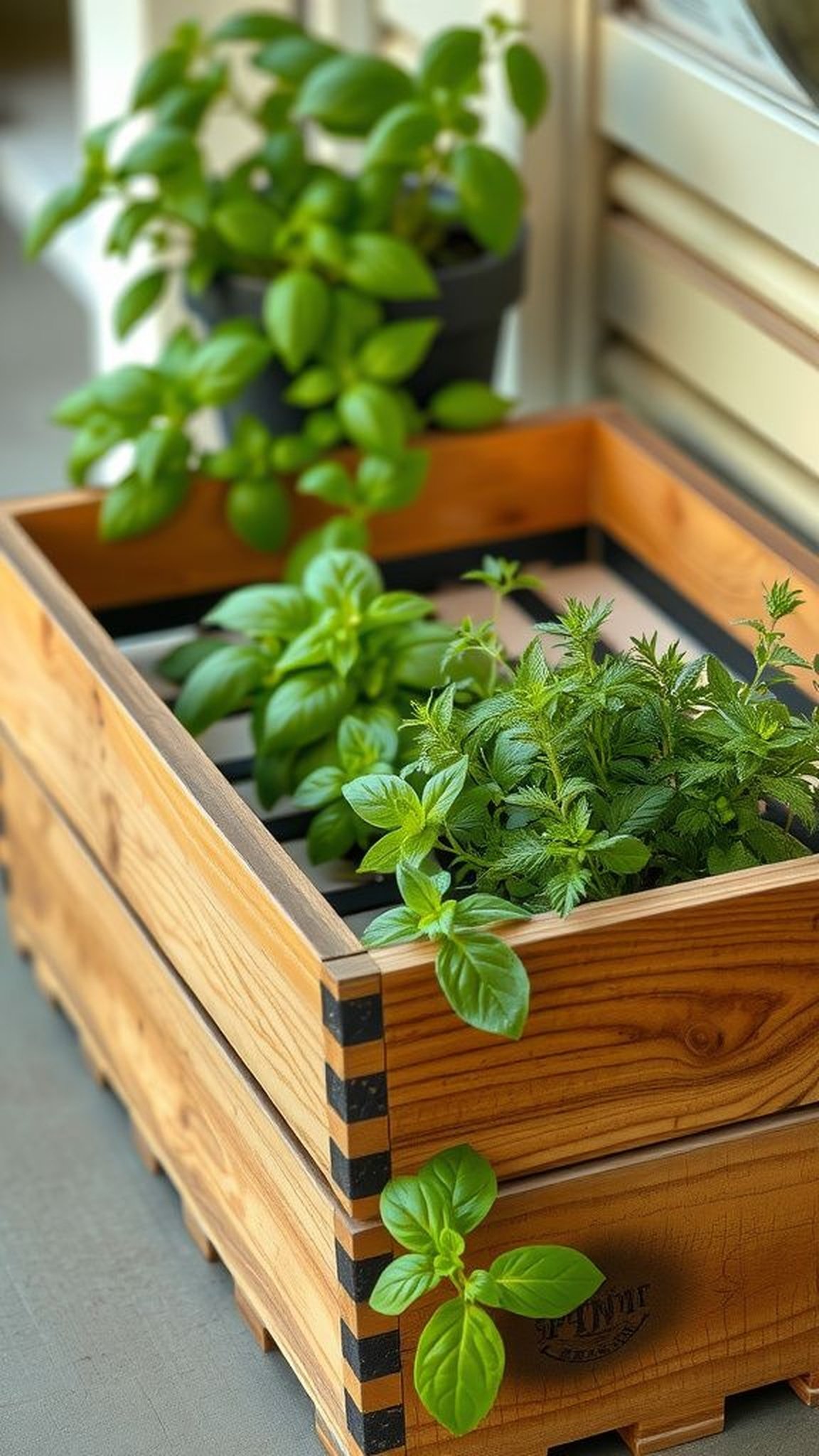 Mini herb garden in a recycled wooden crate