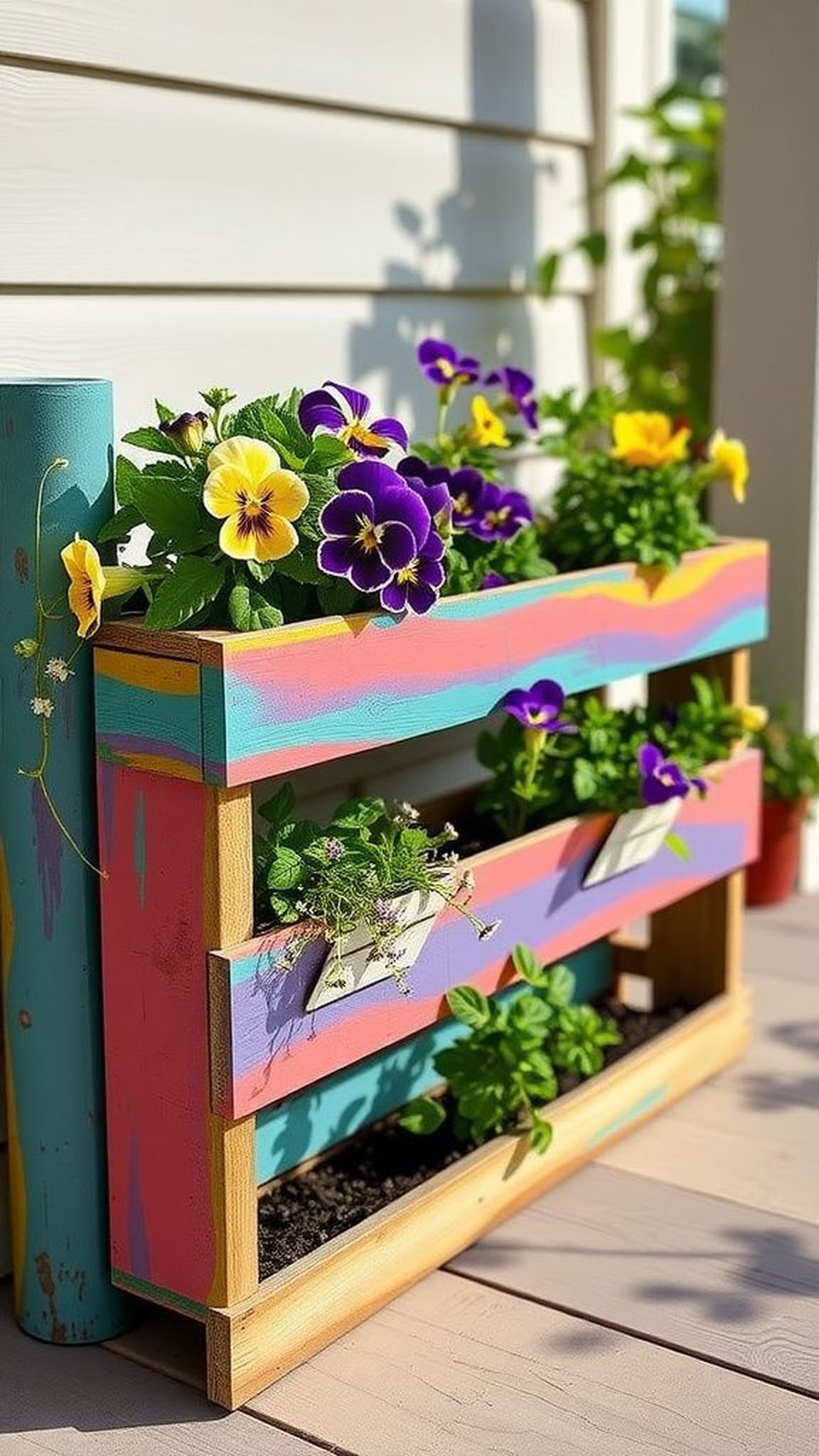 Painted pallet planter filled with cheerful blooms
