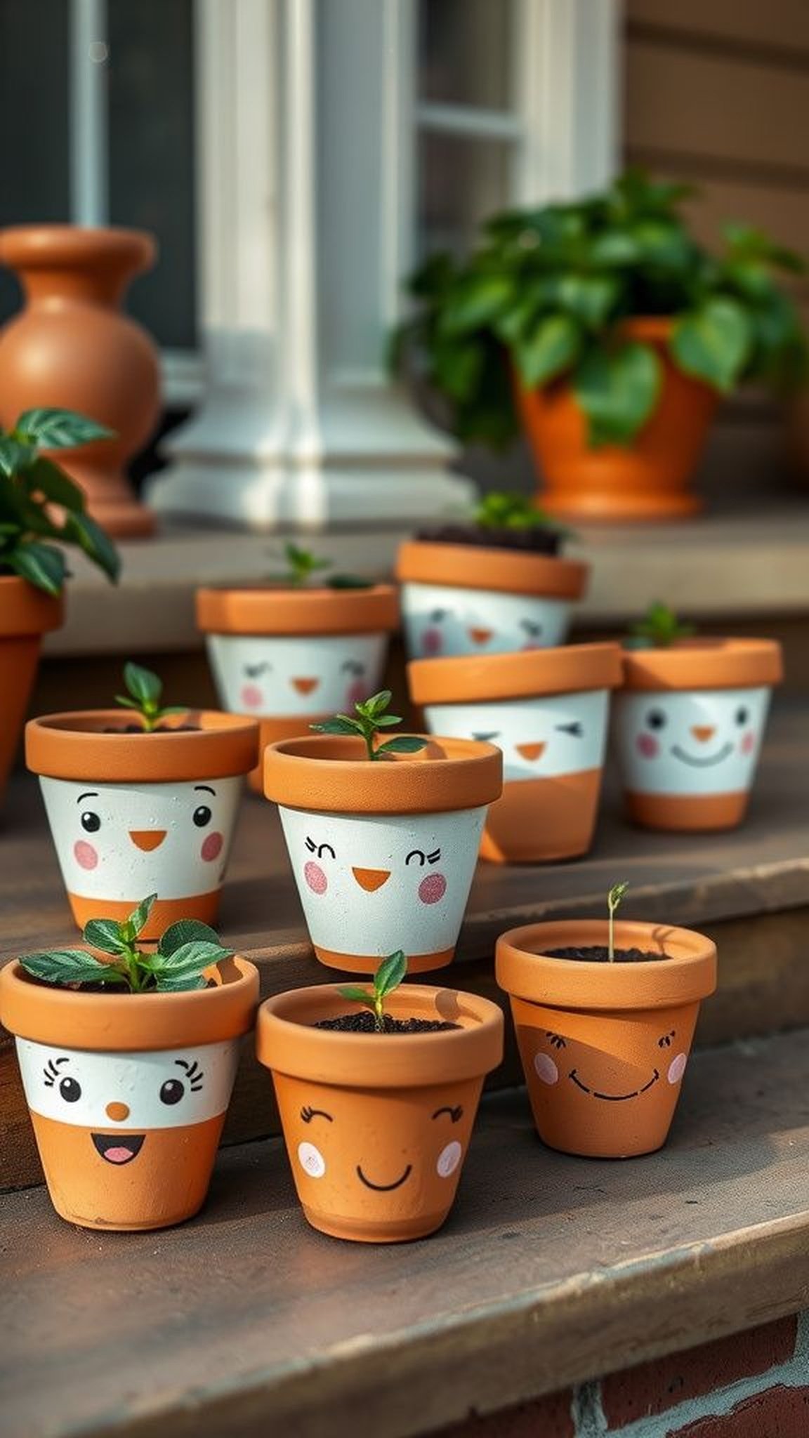 Painted terra cotta faces for charming planters