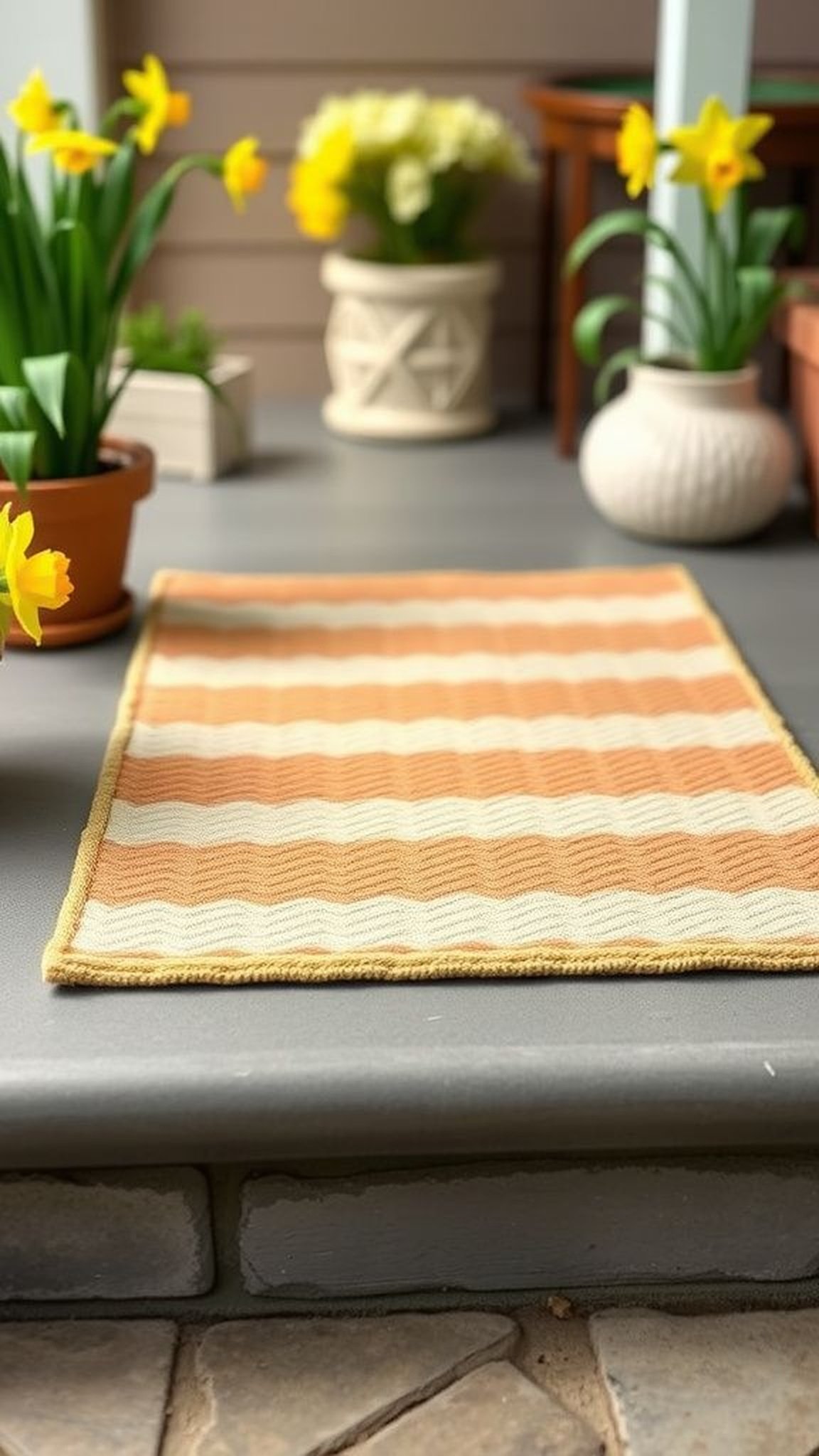Painted welcome mat in soft pastel stripes