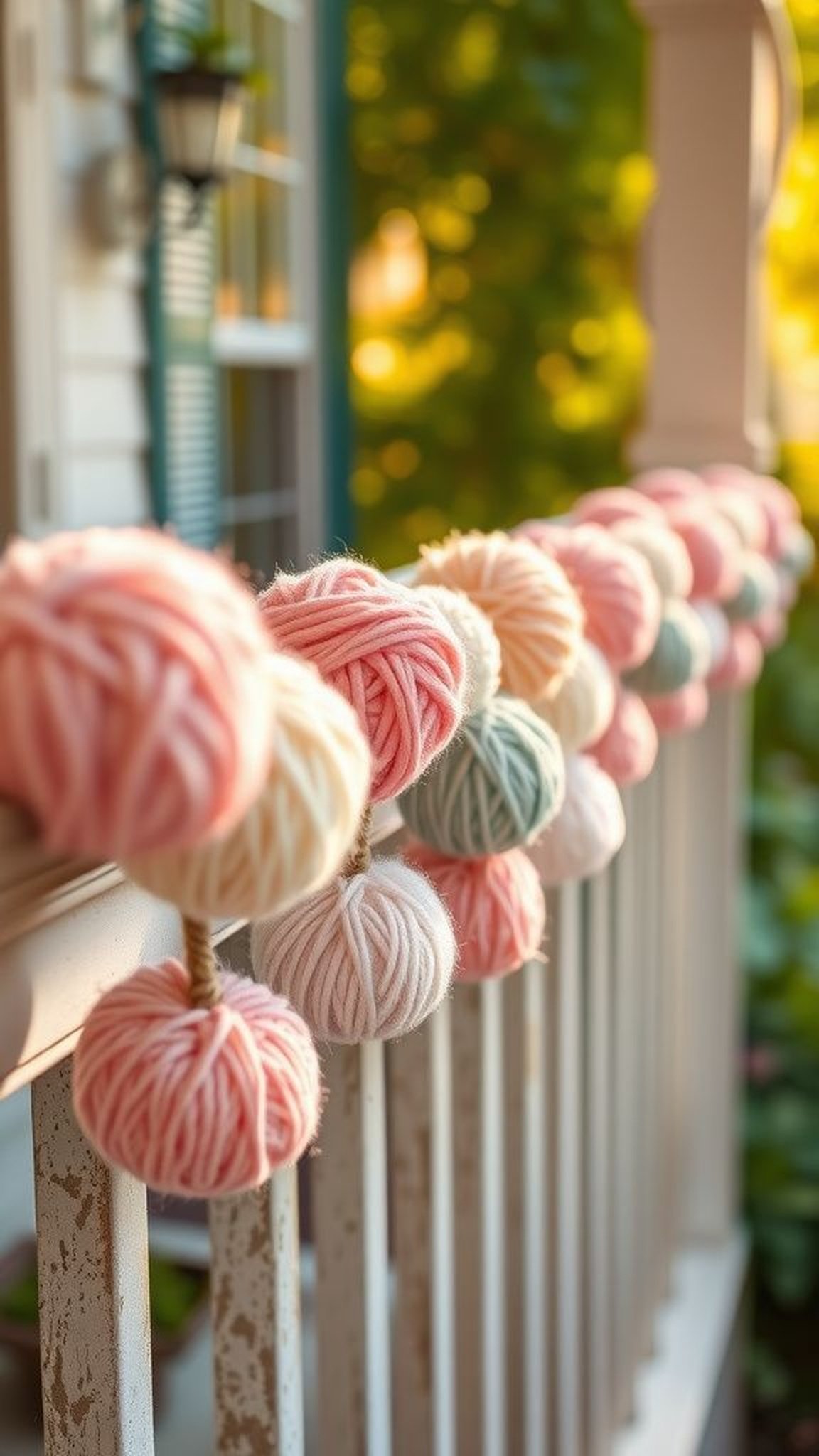 Playful pom-pom garland strung across railing