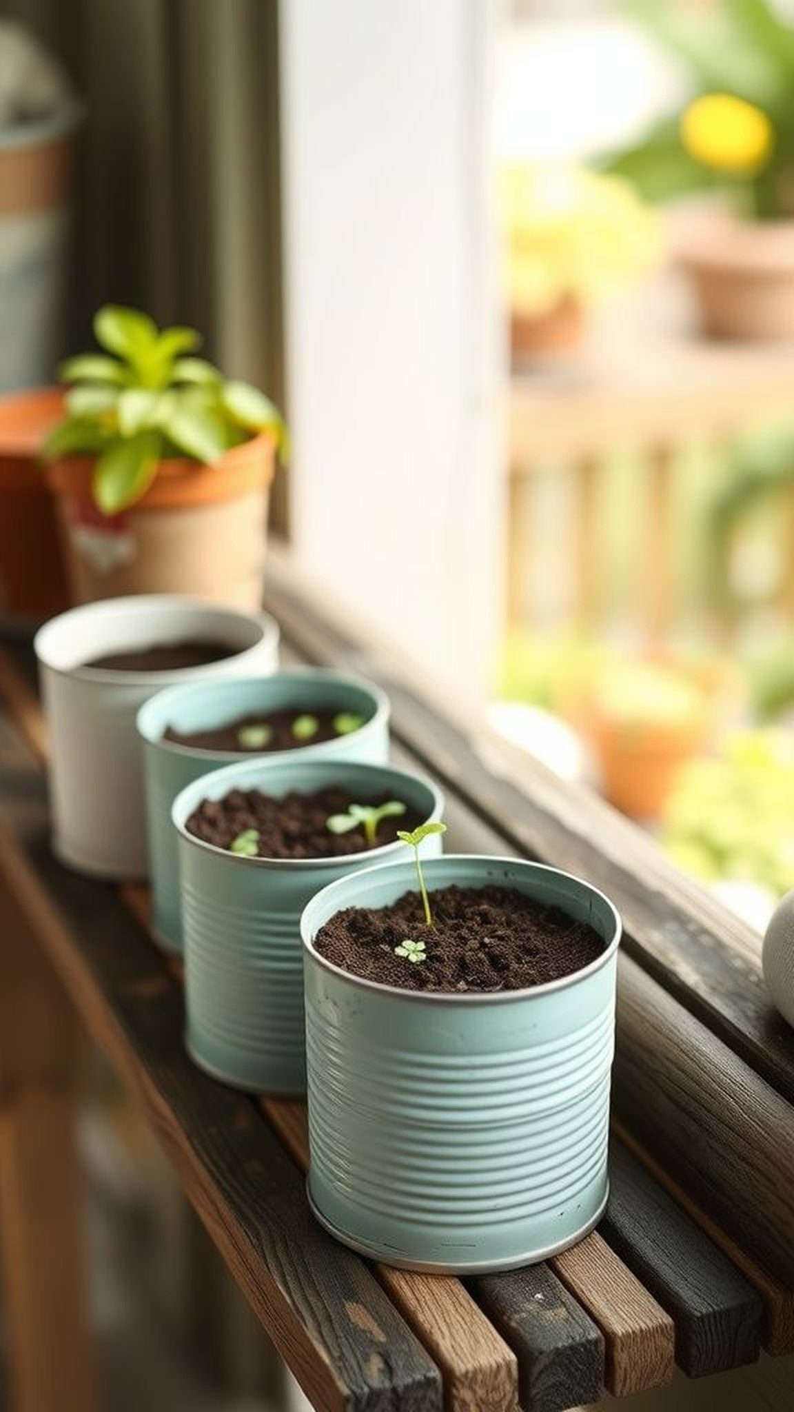 Upcycled tin can planters with pastel paints