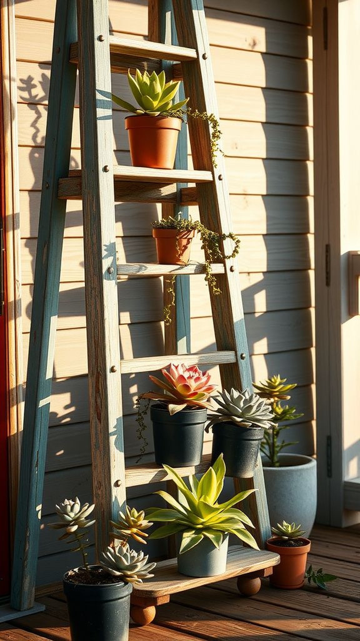 Vintage ladder display with potted succulents