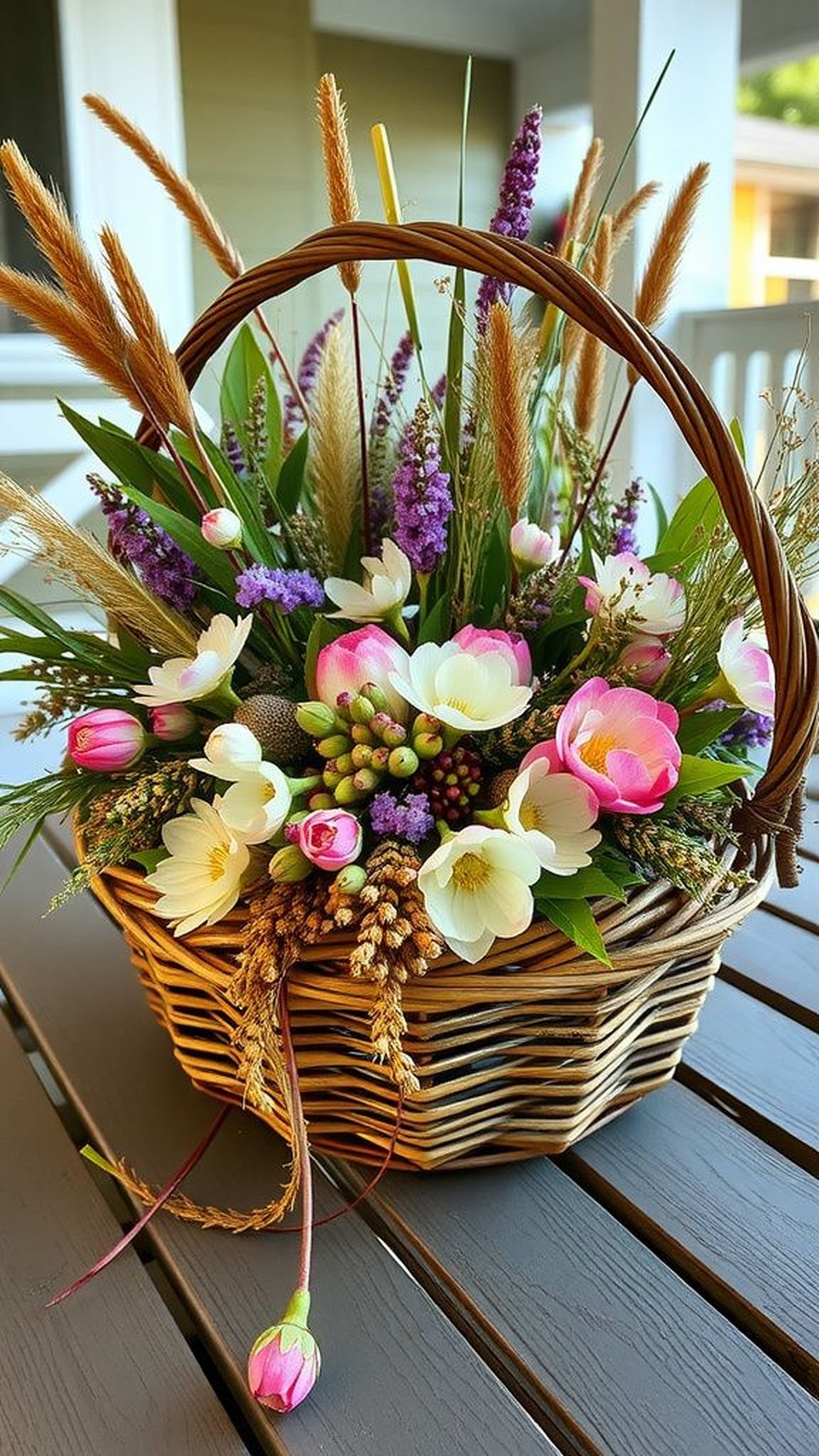 Woven grapevine basket filled with foraged blooms