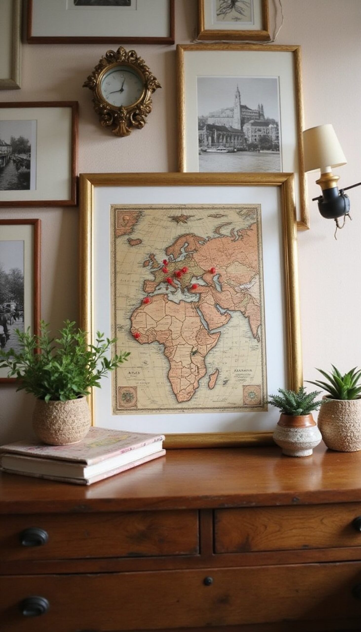Framed Vintage Map with Red Pin Highlights