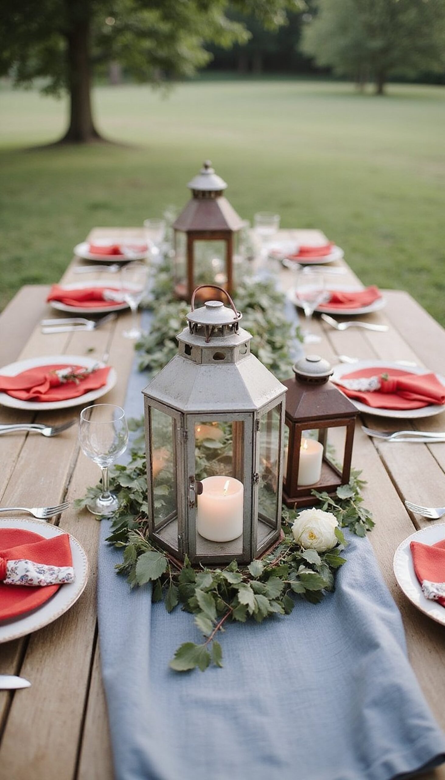 Layered Lantern Centerpiece with Flag Fabric