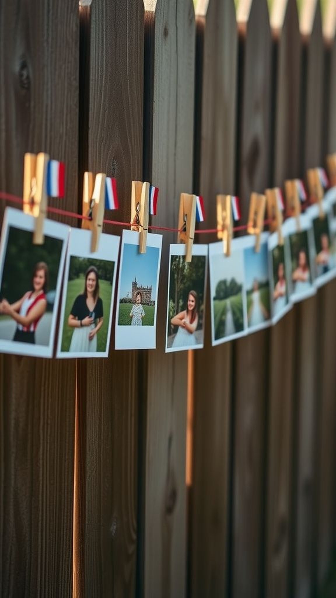 Clothespin photo display with string and tiny flags