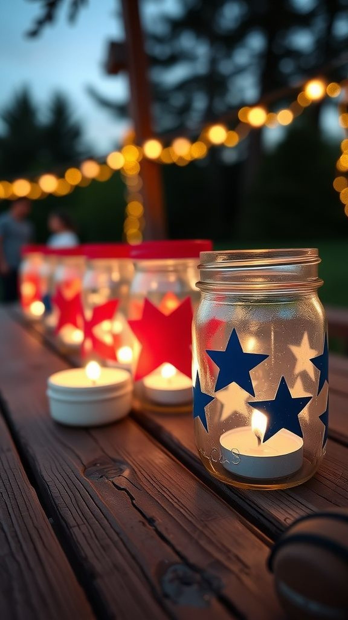 Mason jar luminaries with star cutouts and glow