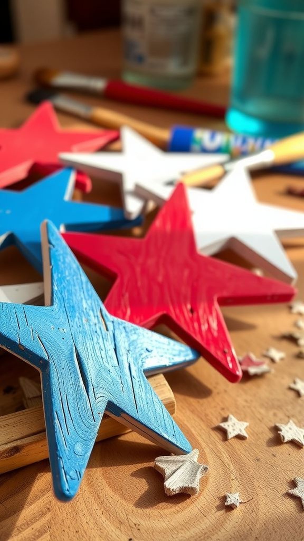 Popsicle stick stars with layered paint and grain