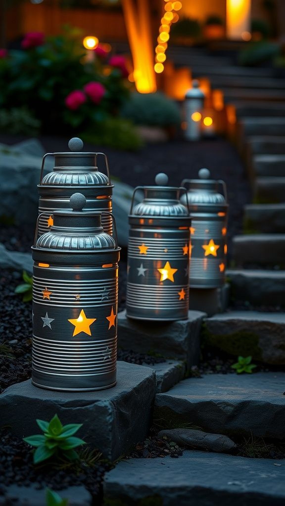Tin can lanterns with punched star patterns