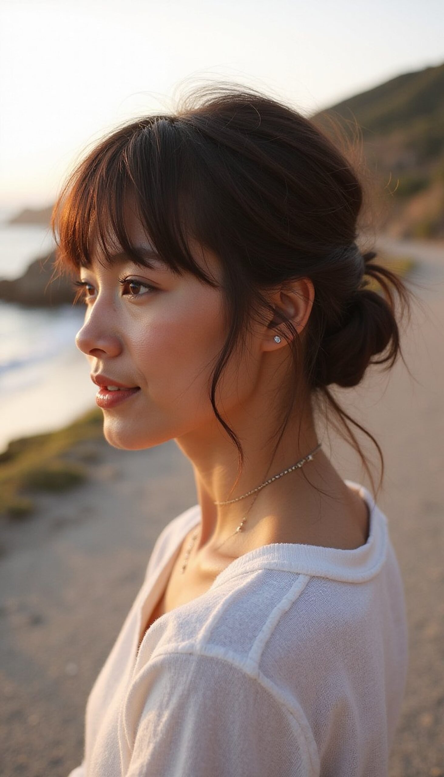 Low Twisted Bun With Tousled Bangs