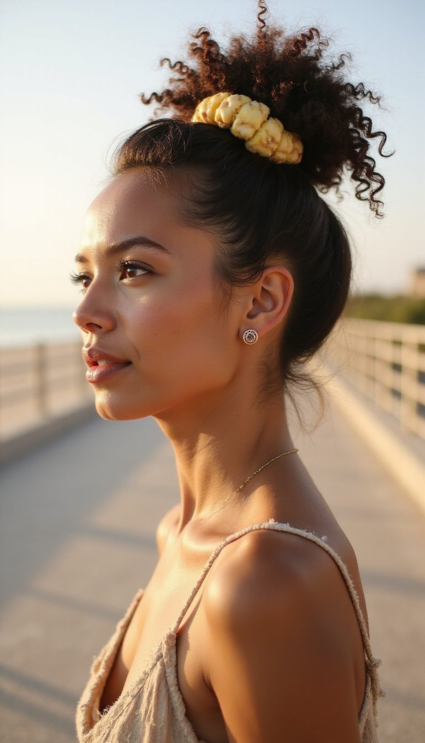 Pineapple Updo For Curly Beach Hair