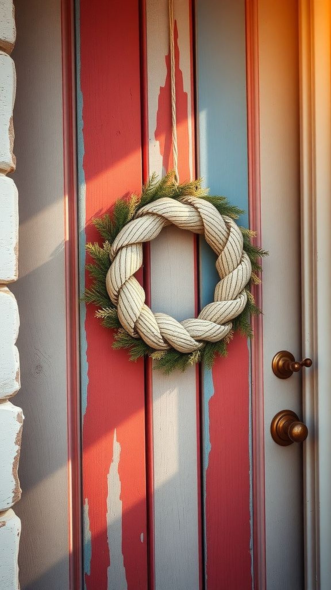 A weathered wooden flag wreath for the door