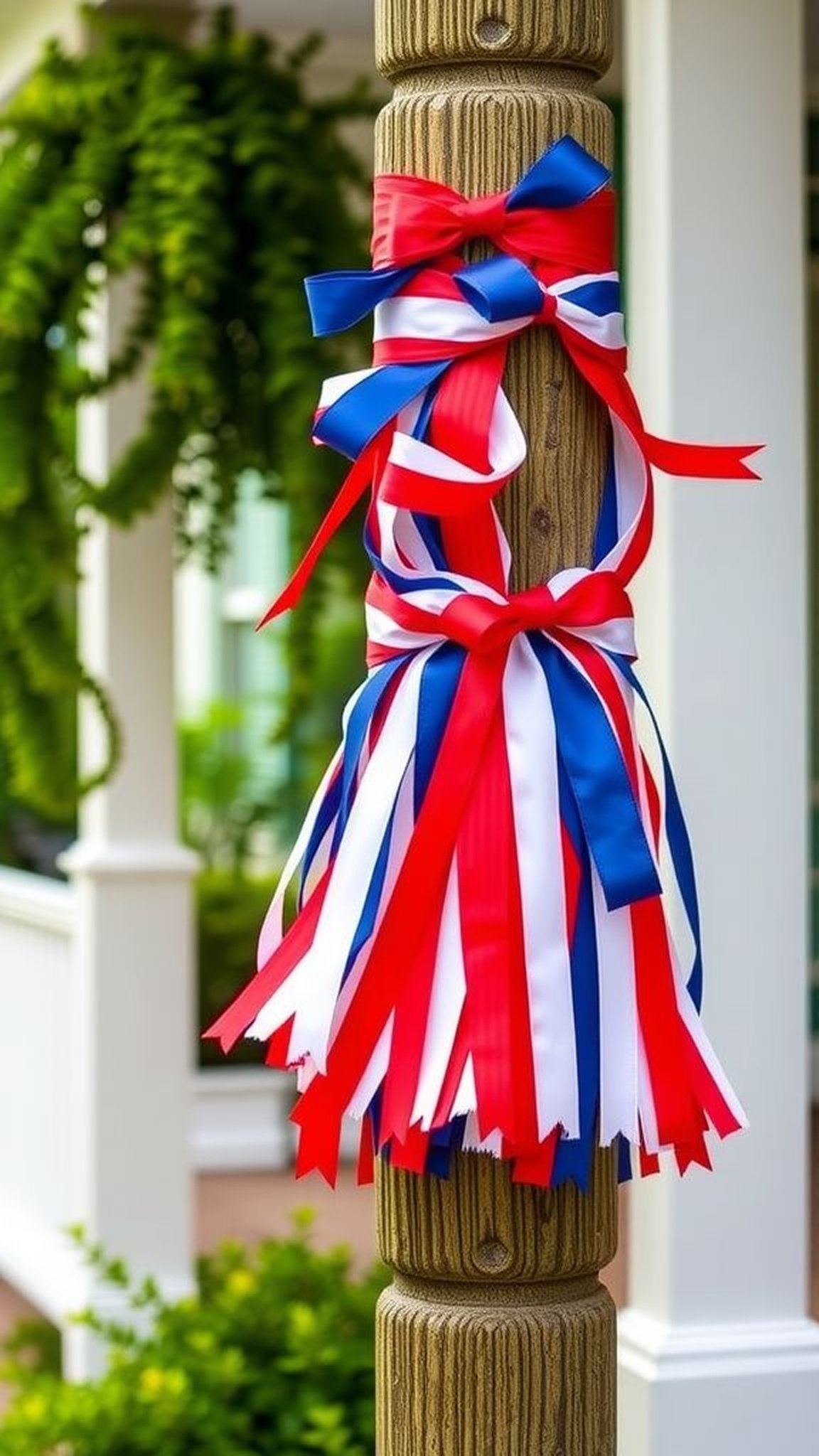 Layered ribbon tassels framing the porch posts