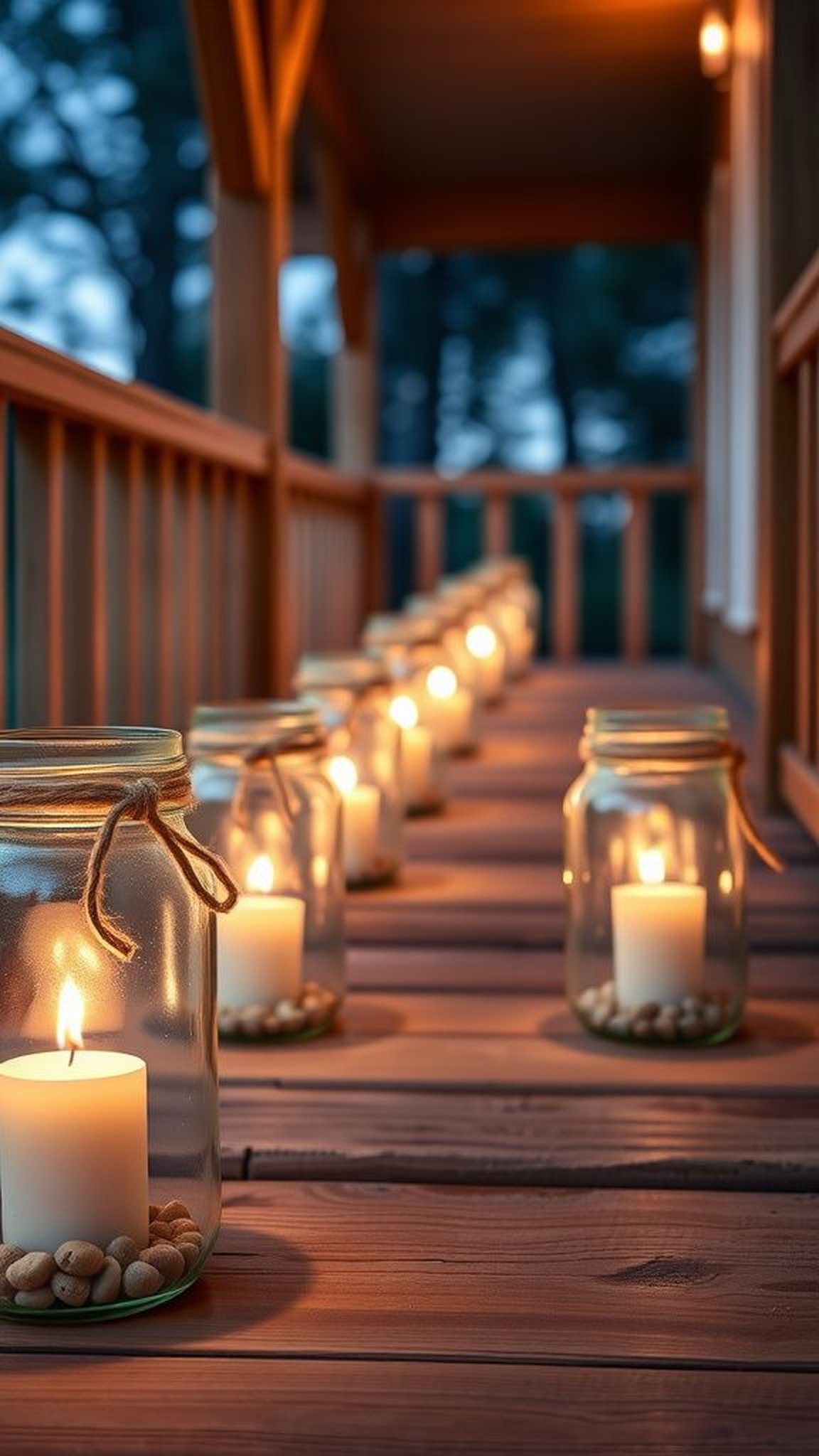 Mason jar lanterns lined along porch steps