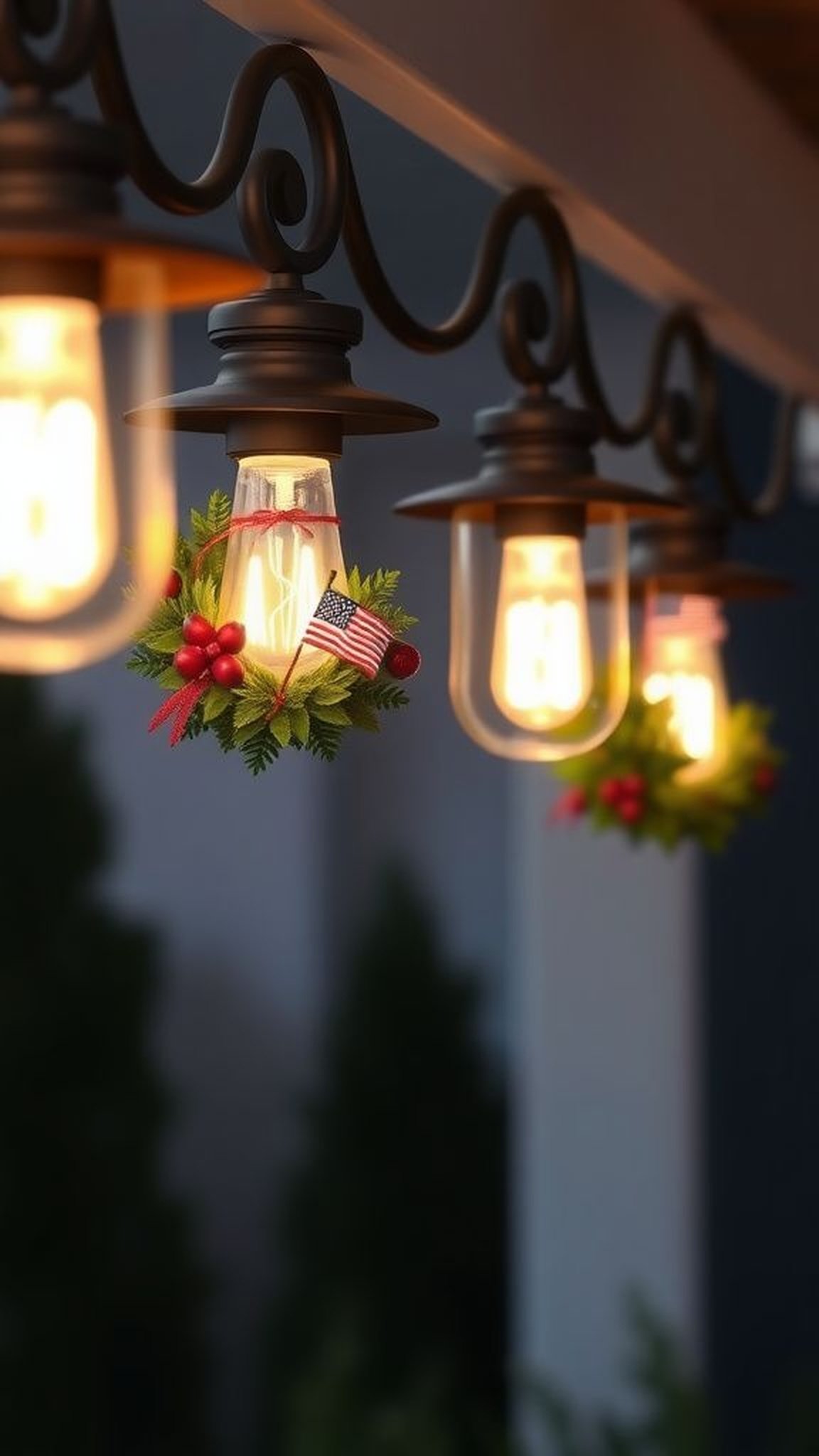 Mini flag wreaths hung from porch light fixtures
