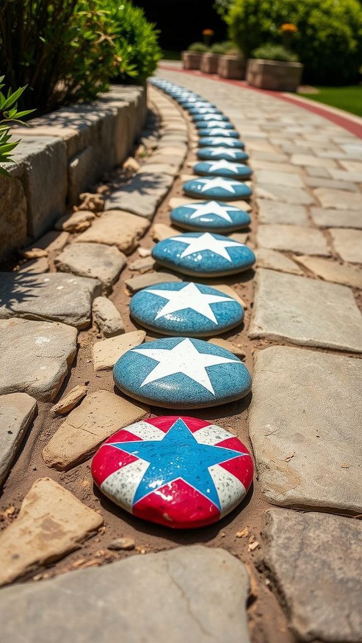 Painted river rock stars along the walkway