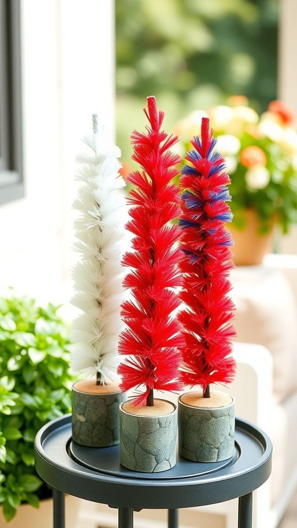 Patriotic bottle brush tree trio on a side table