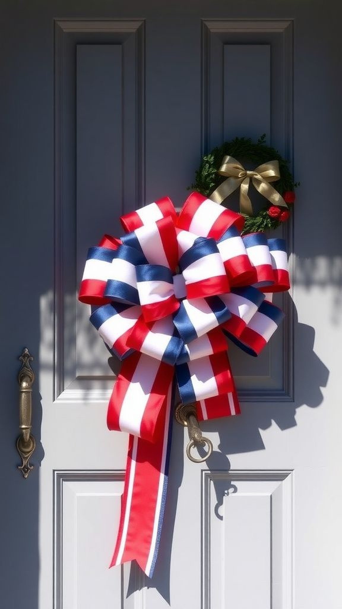 Red, white and blue ribbon door bow statement