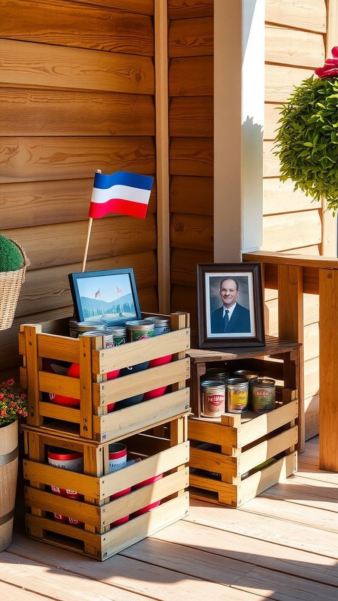 Stacked crate flag display for a rustic corner