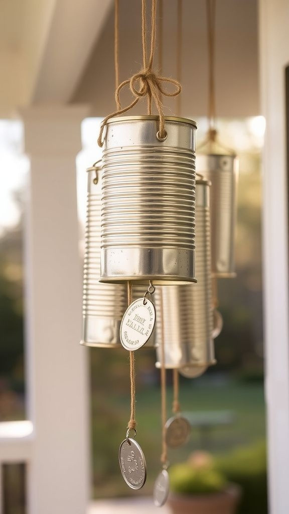 Tin can wind chimes with weathered music and charm
