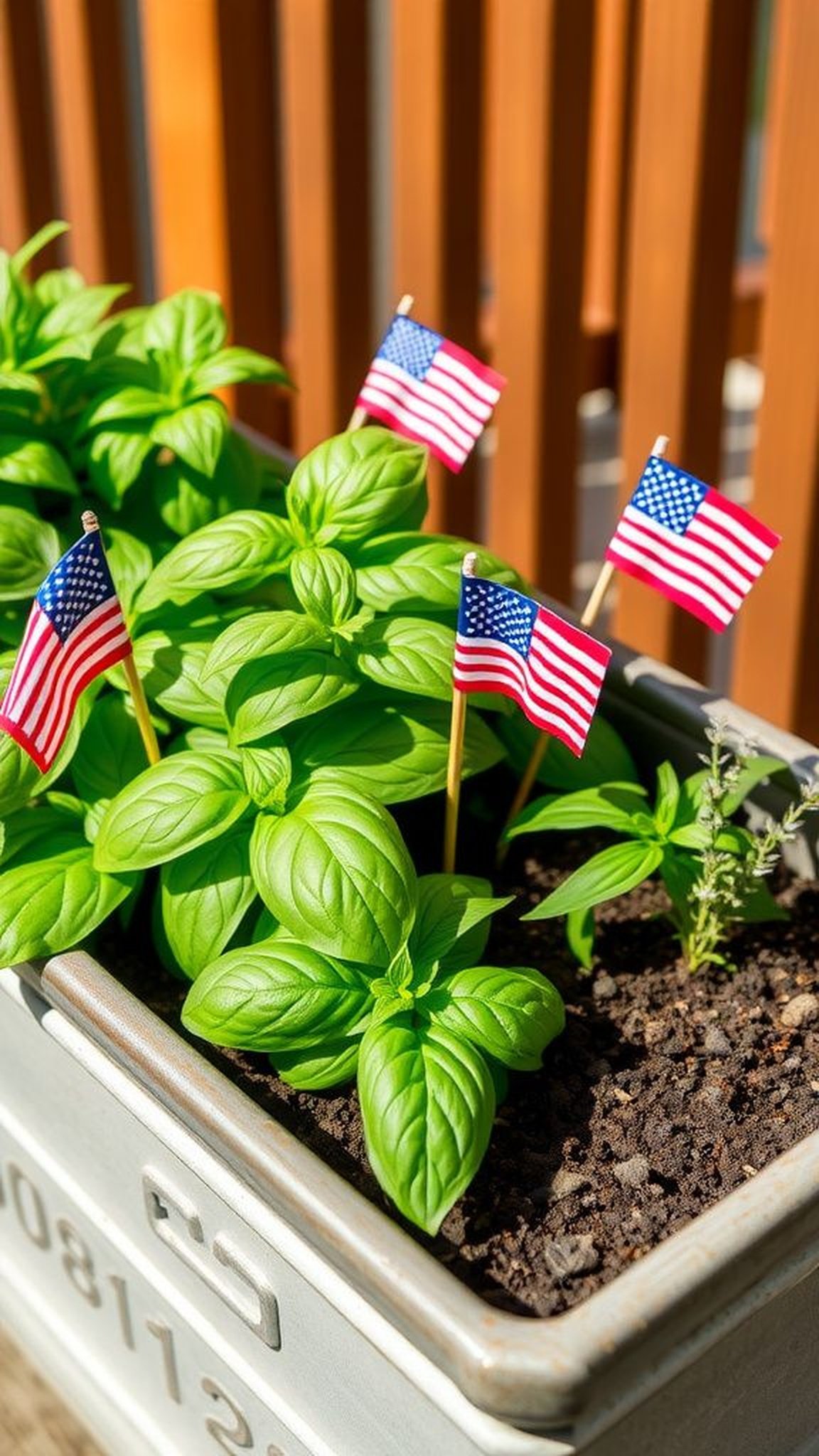 Tiny flag stakes in a mixed herb planter
