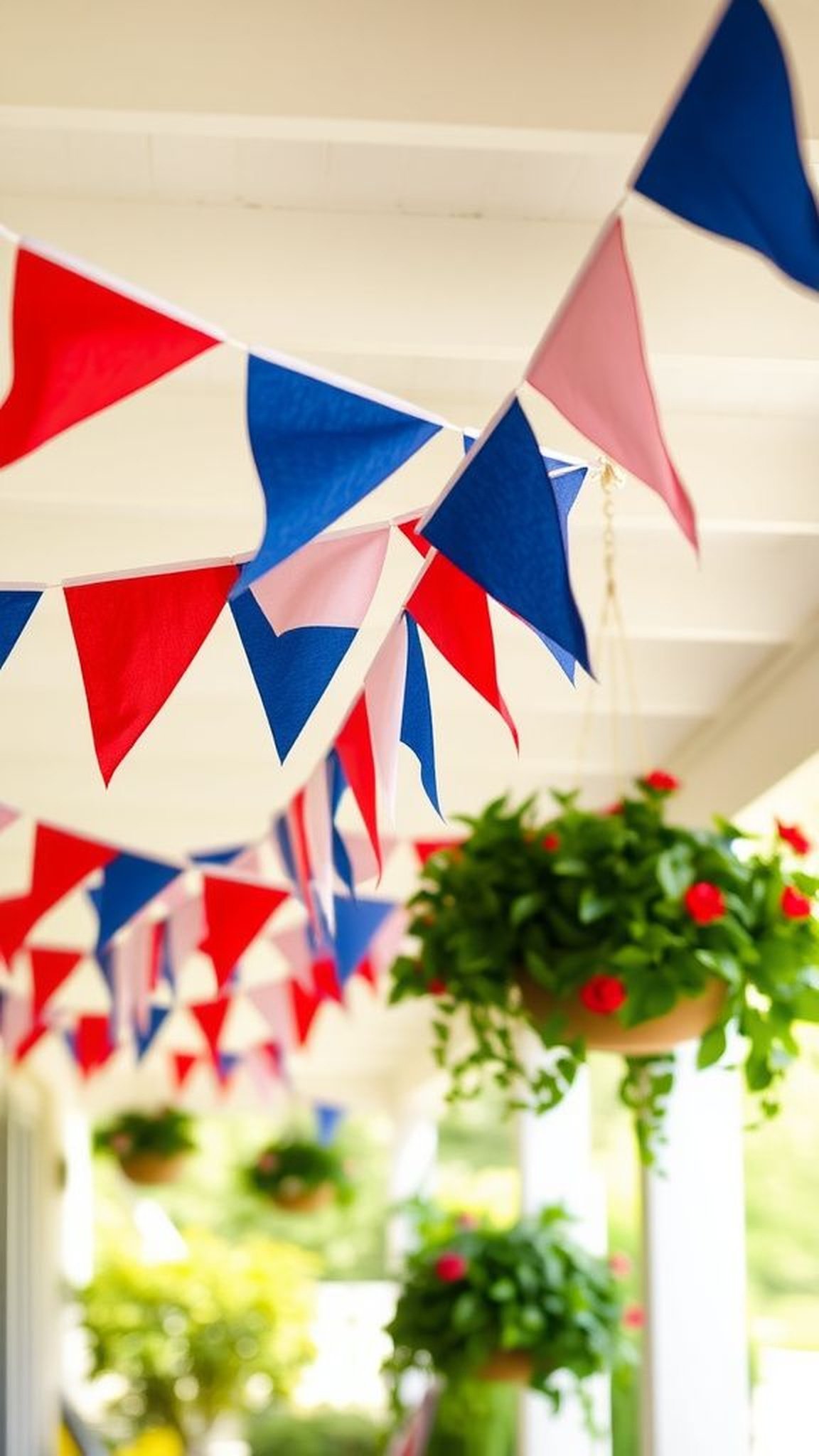 Waving fabric bunting across the porch ceiling