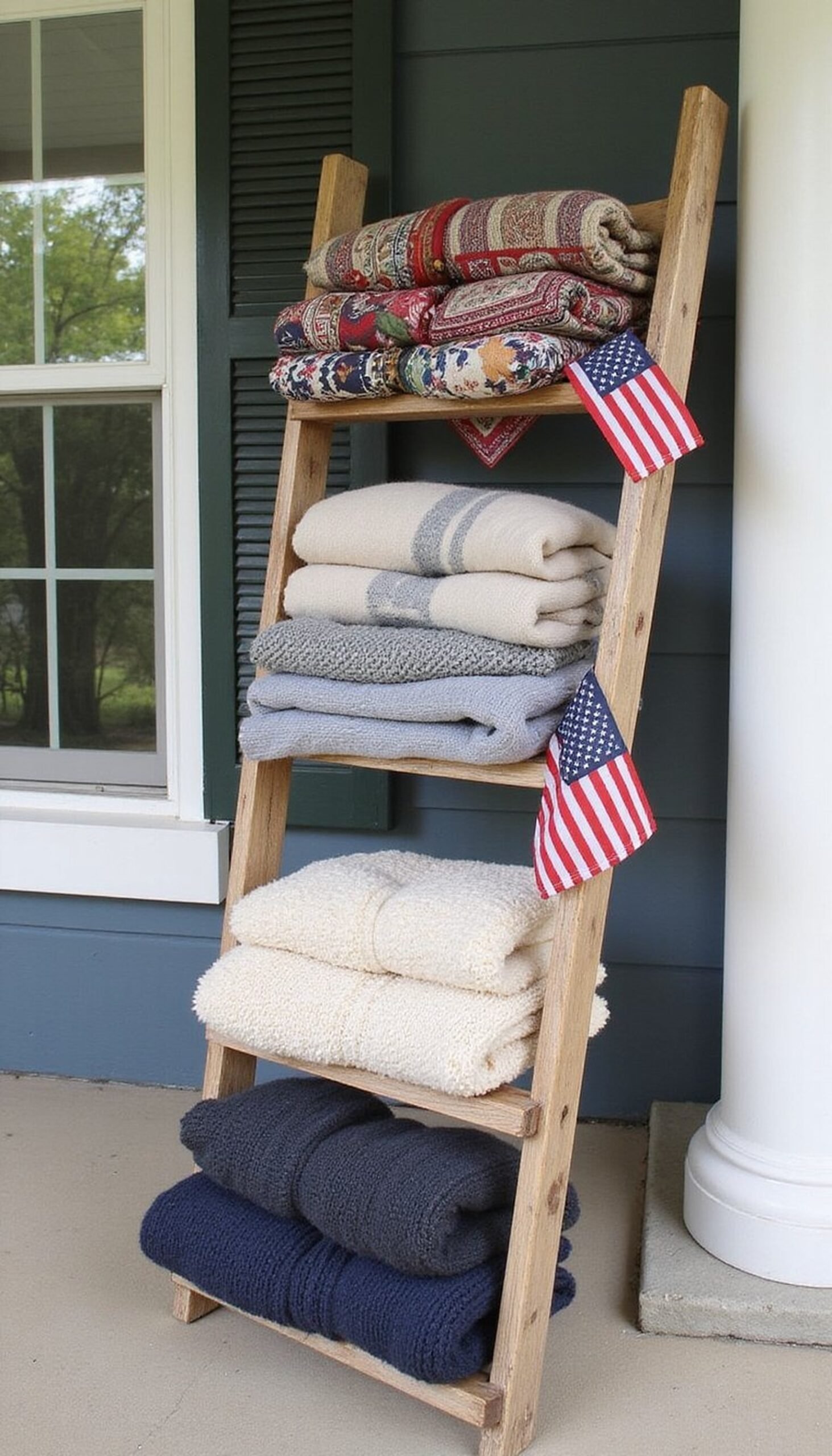 Ladder display with blankets and tiny flags