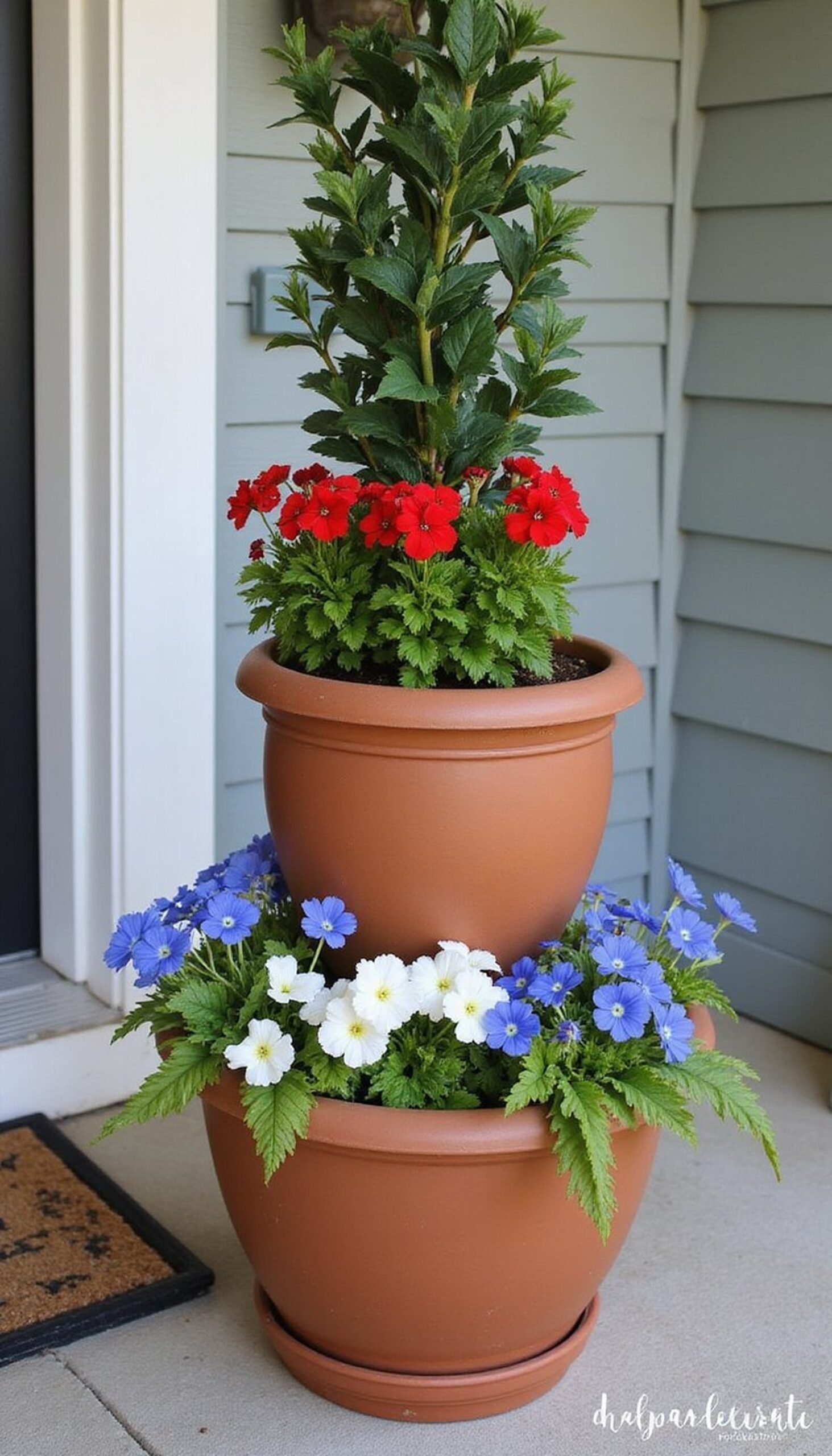 Layered planter tower in red, white, and blue