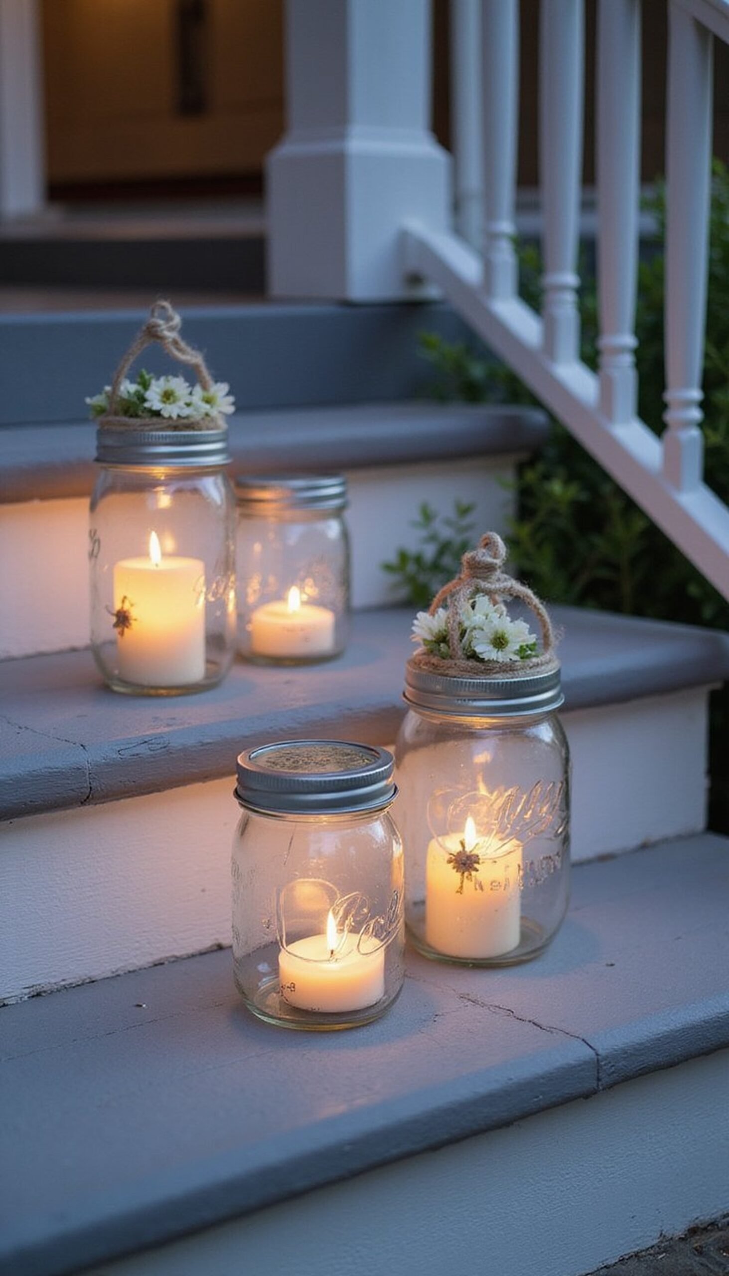 Mason jar lanterns lined along the steps