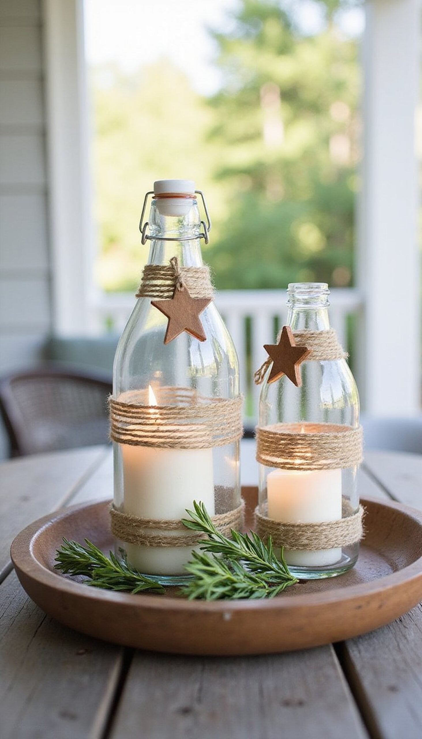 Milk bottle candles with twine and stars