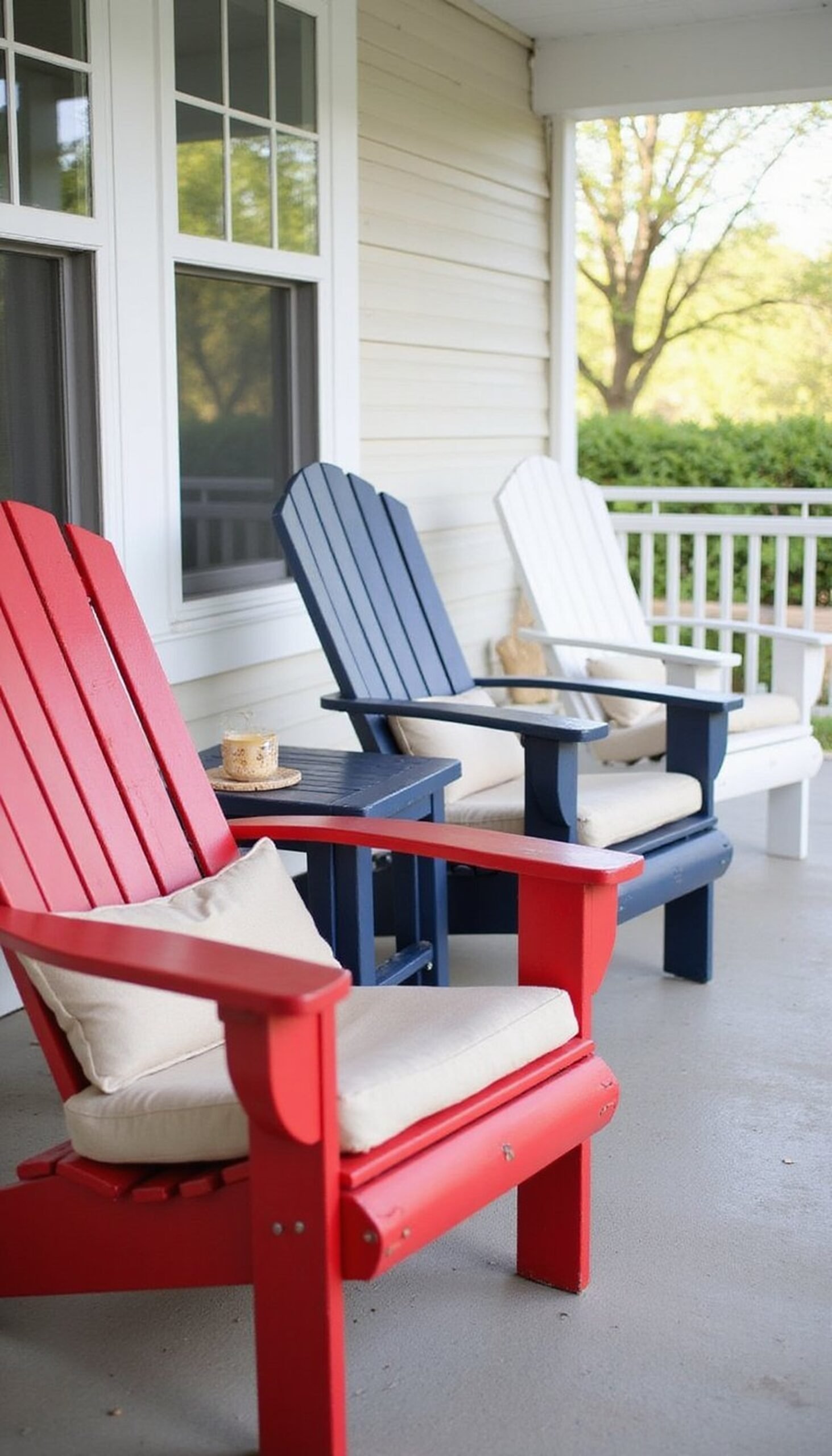 Painted Adirondack chairs in red, white, and navy