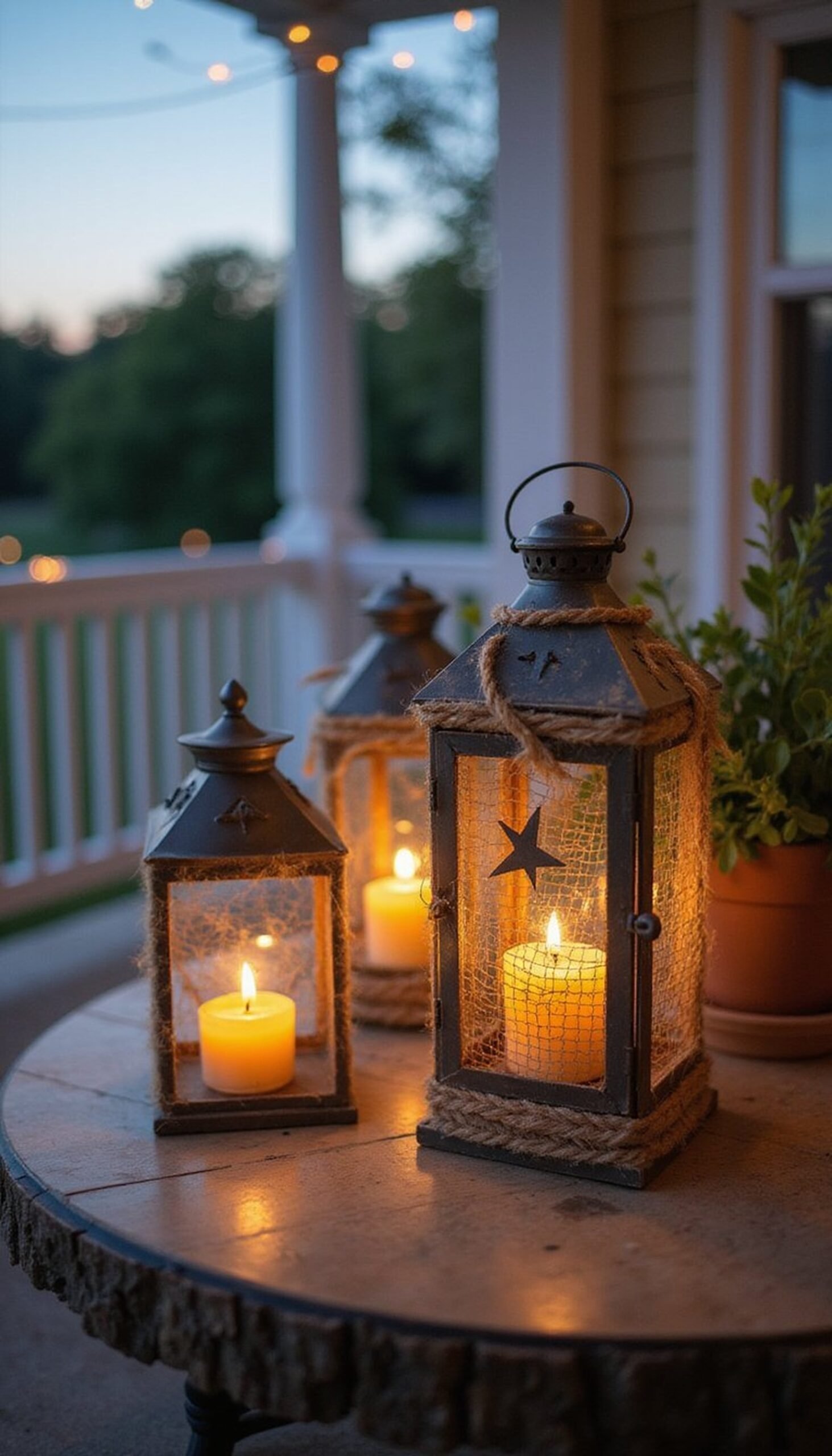 Rope-wrapped lanterns with star cutouts