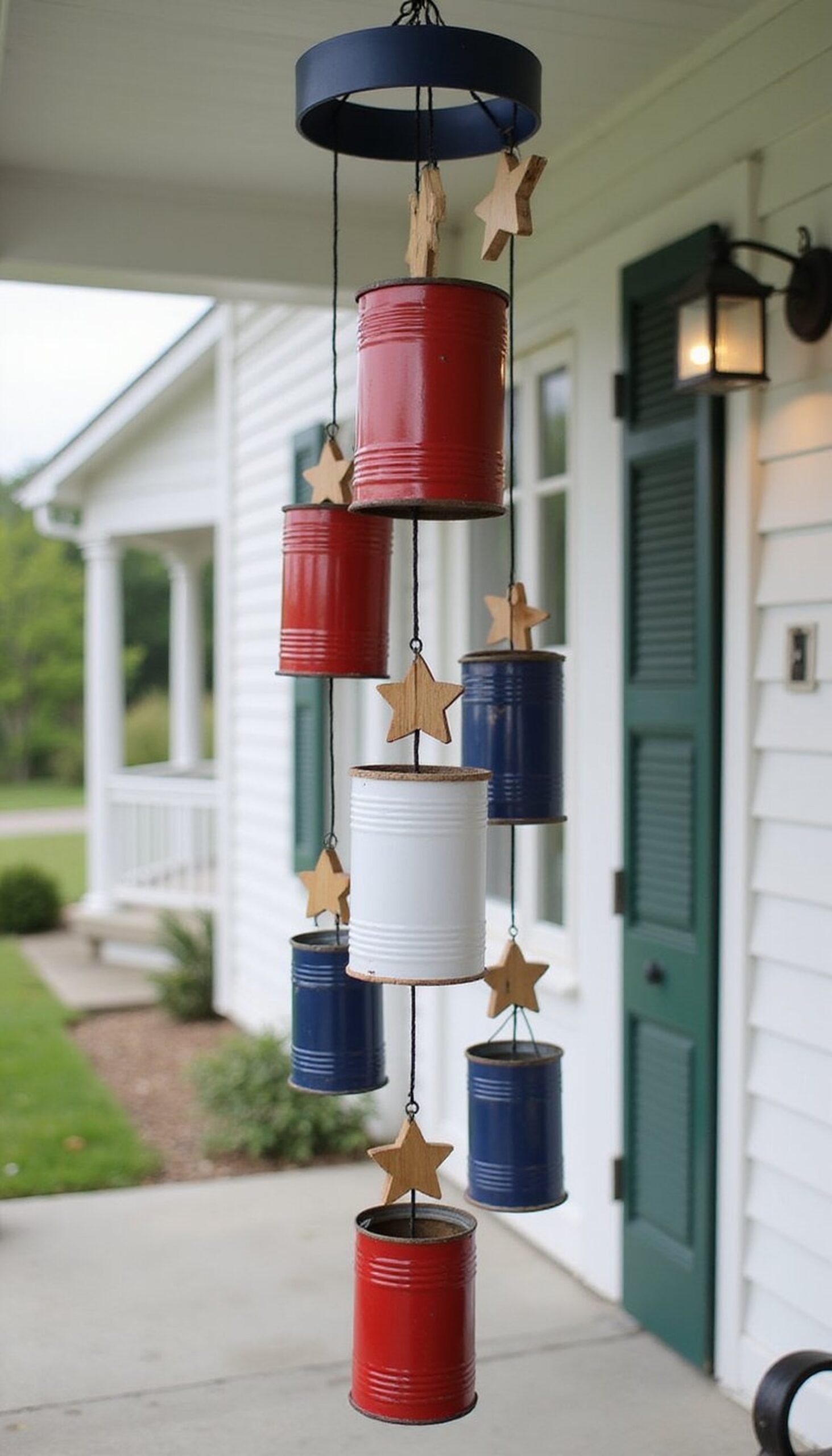 Tin-can wind chimes painted in flag colors