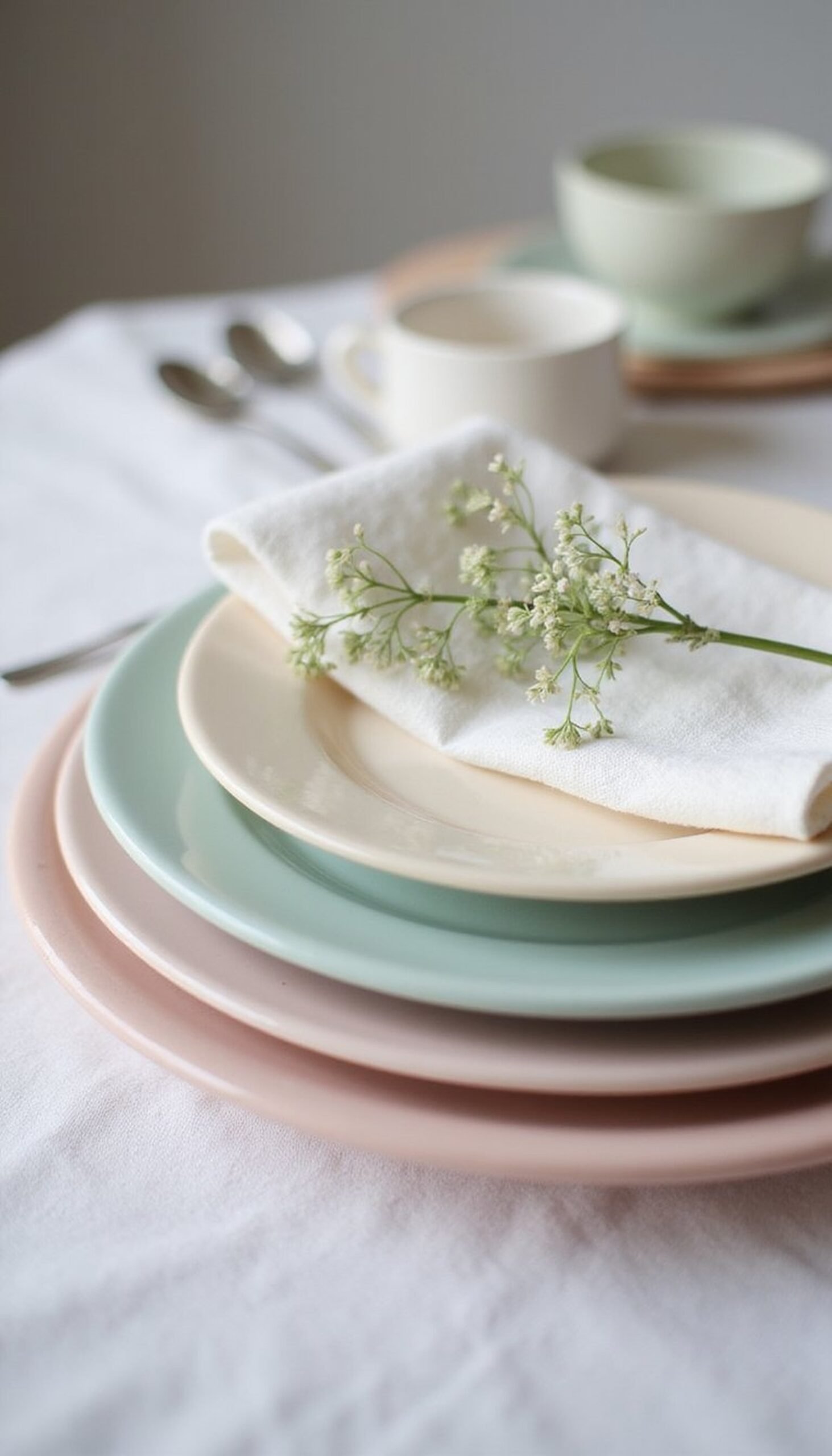 Pastel Plate Stack with Linen Napkins