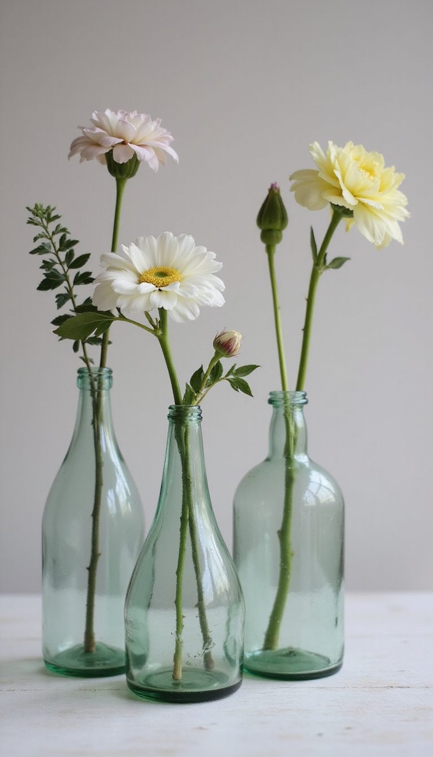 Single Stem Bud Vases in Vintage Bottles