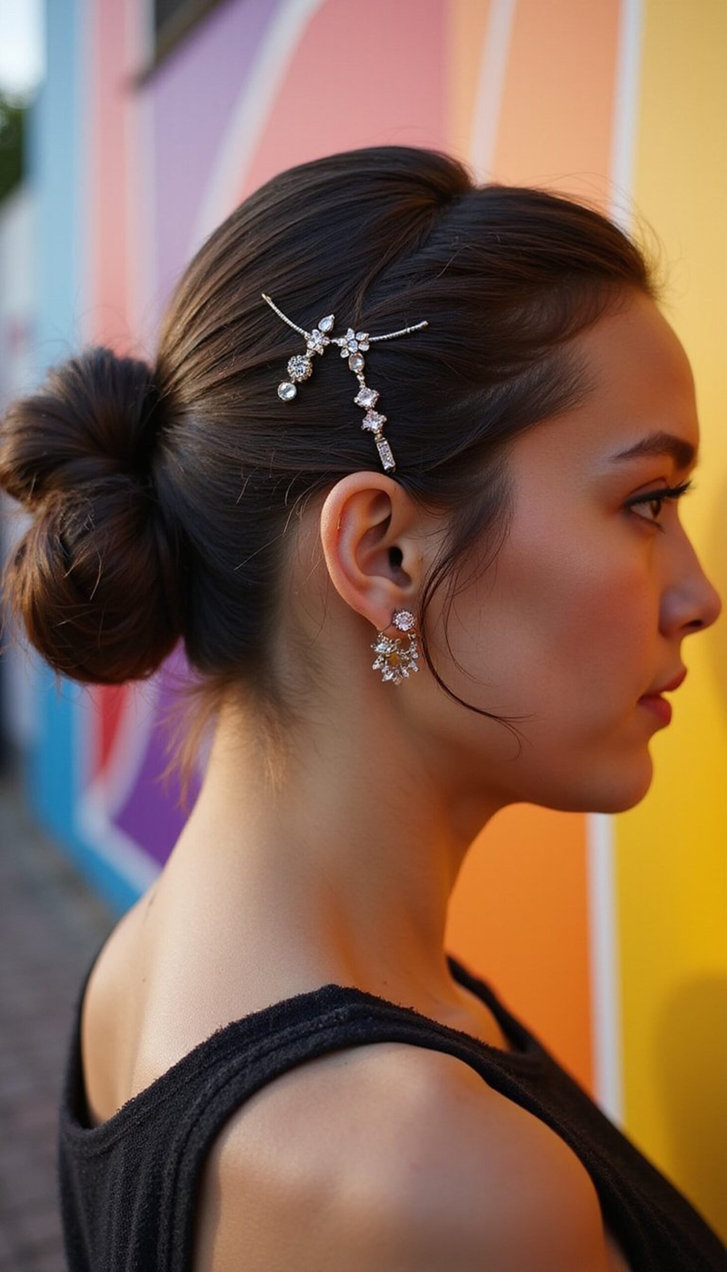 Wet-Look Slick Bun With Rhinestone Pins Added