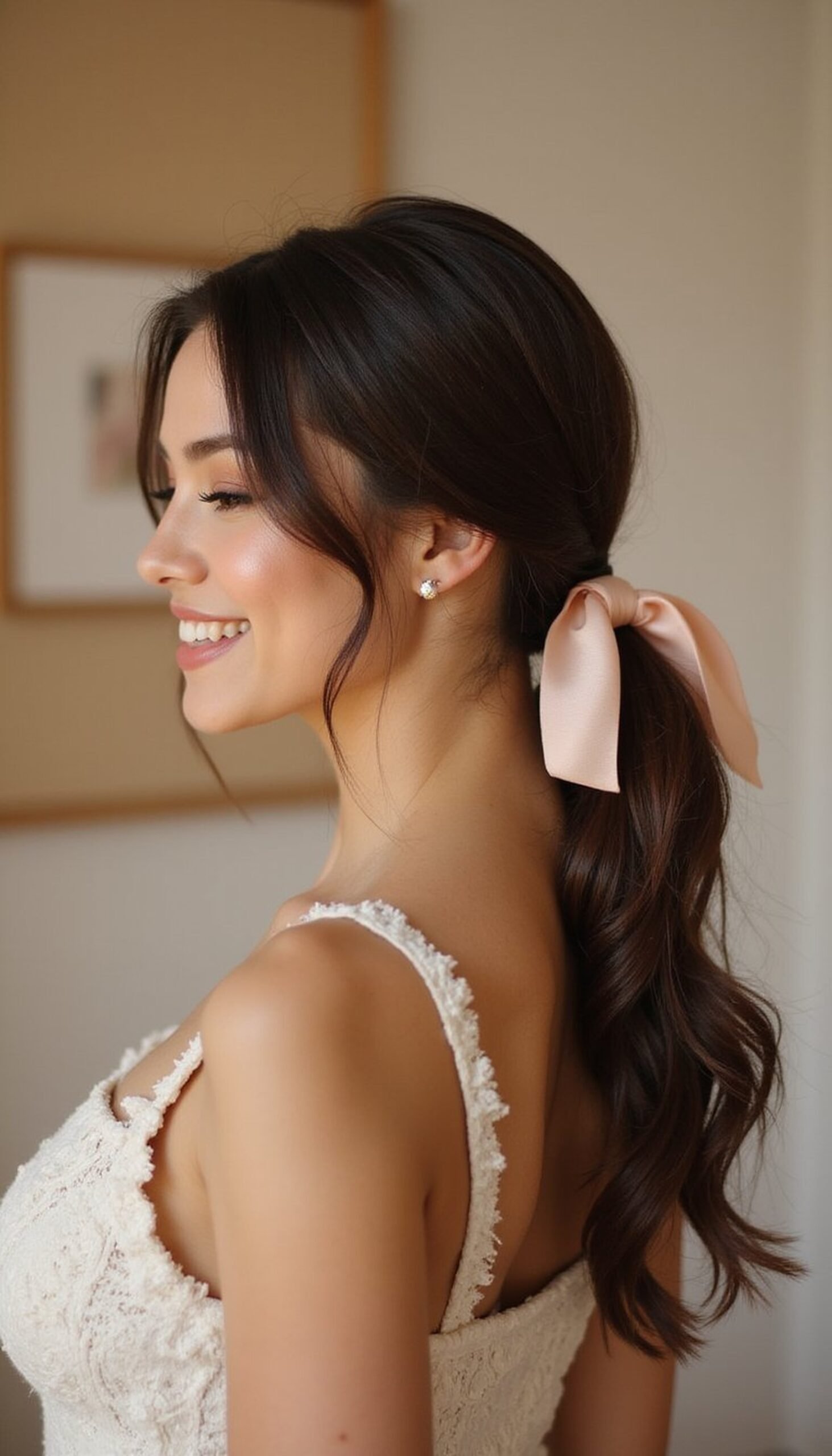 Sleek Low Pony With Satin Ribbon Accent