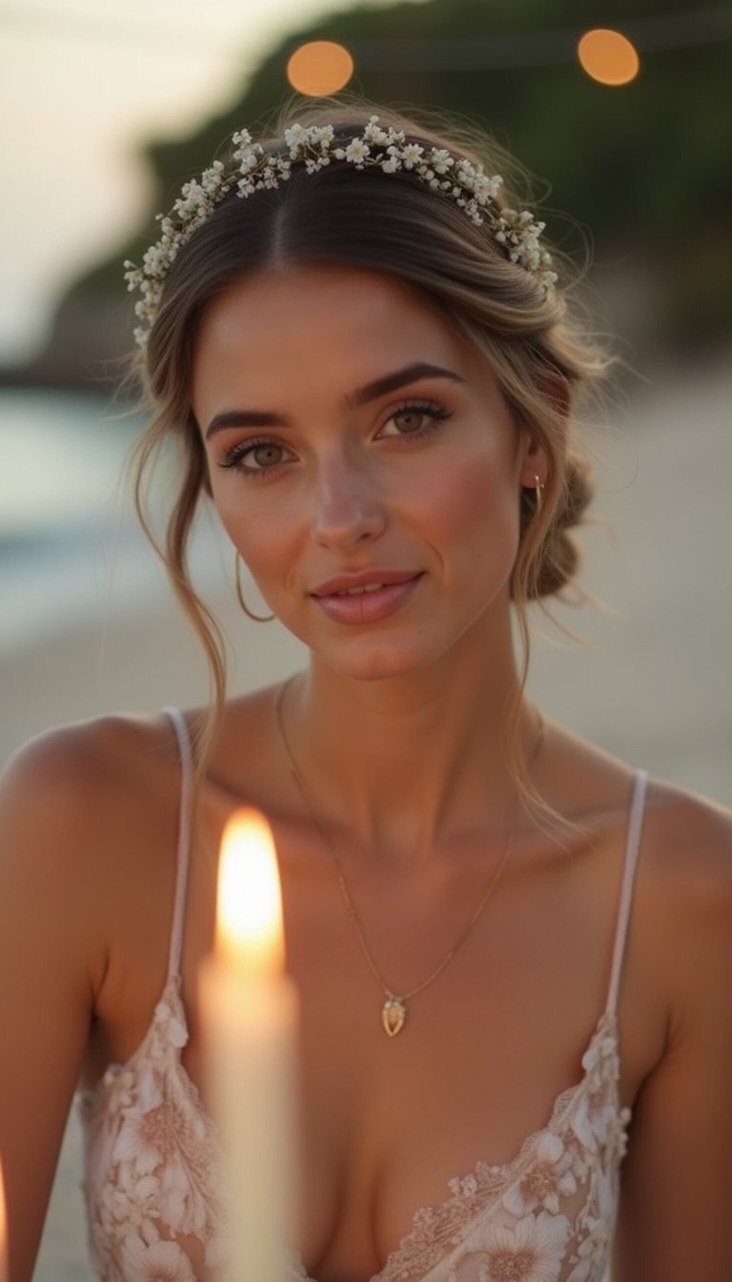 Polished Low Chignon Adorned With Tiny Flowers