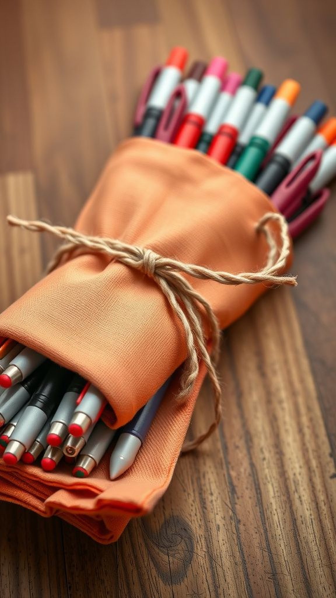 Fabric-wrapped pen set tied with twine