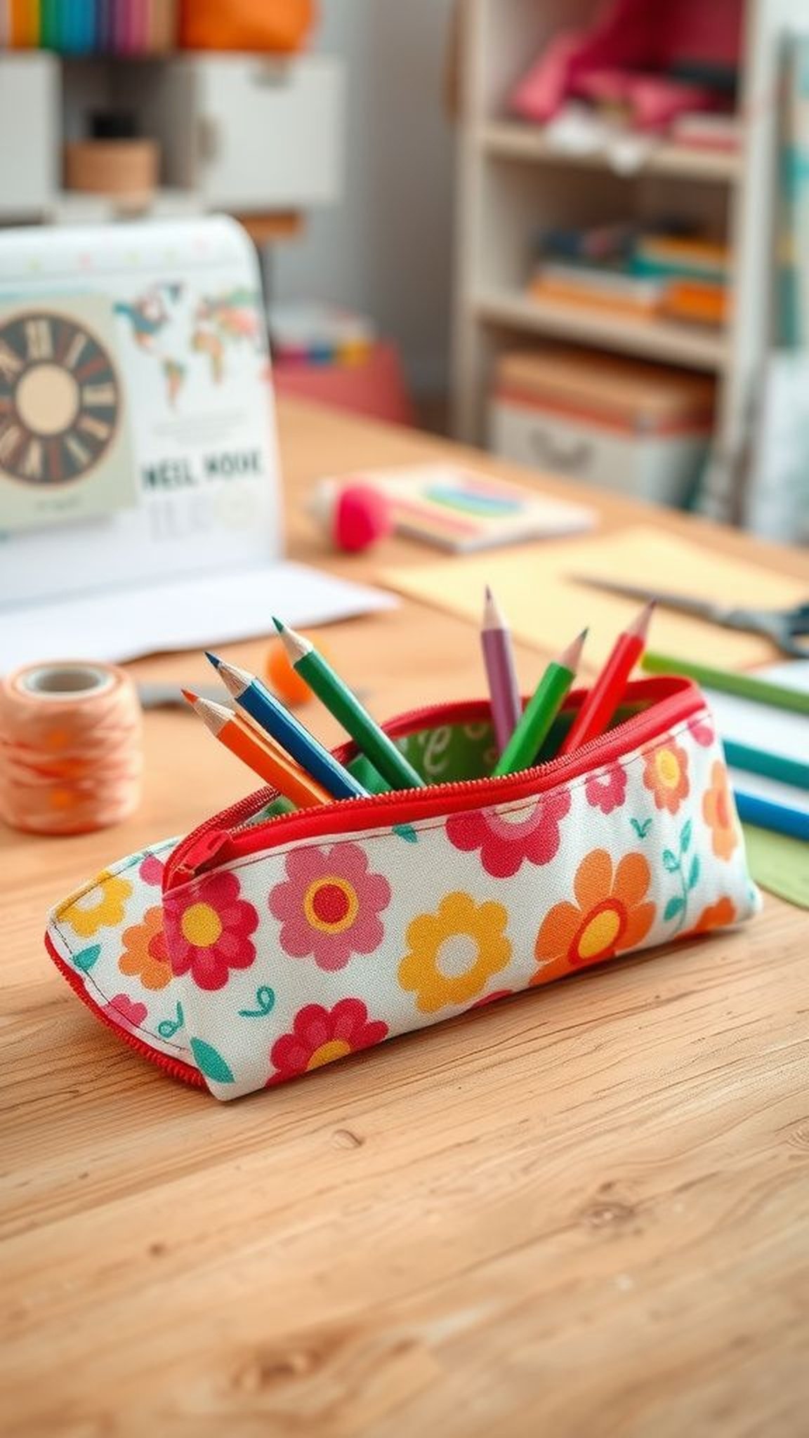 Hand-sewn pencil pouch with playful fabric choices