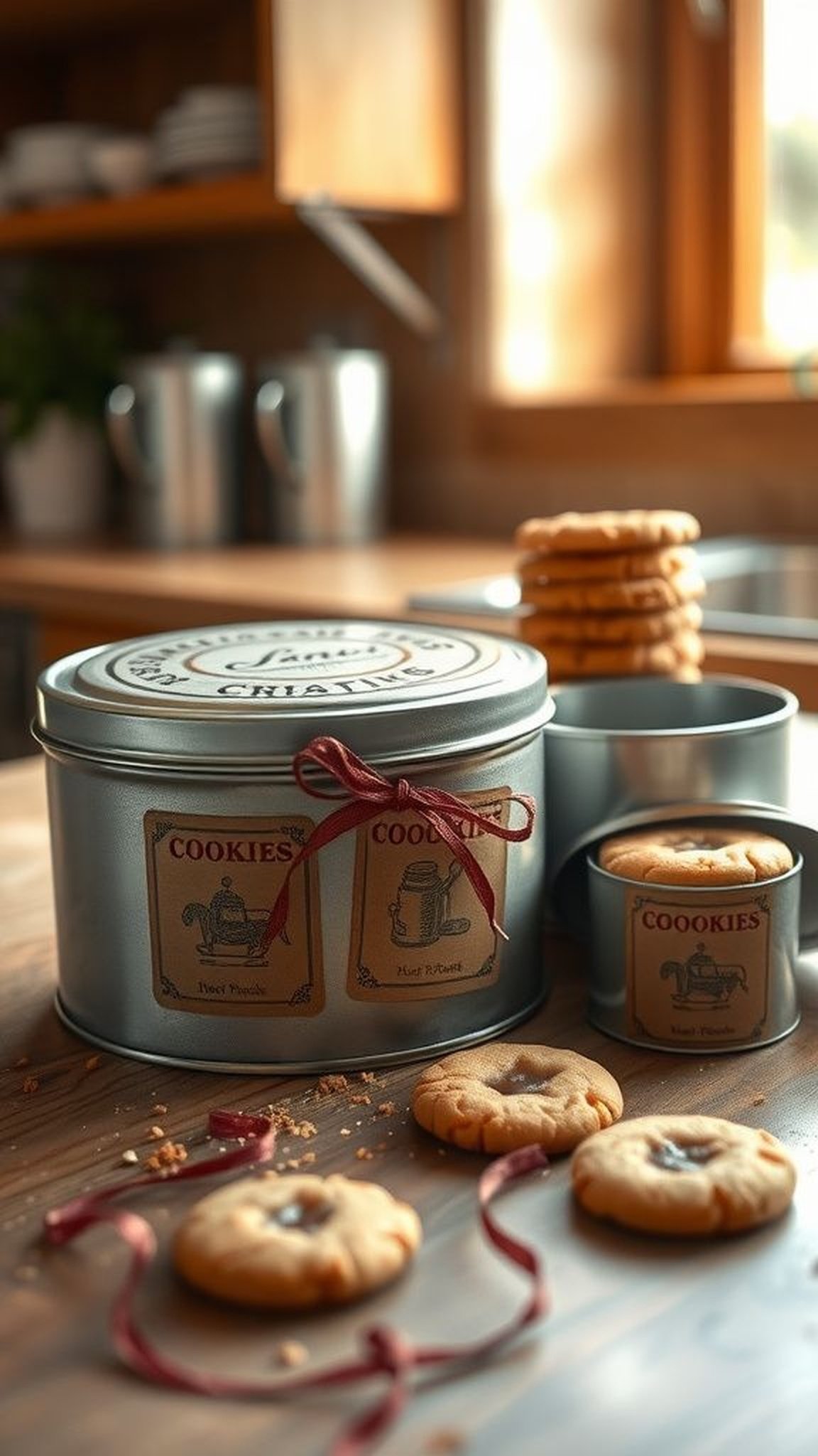 Hand-stamped cookie tin with a vintage ribbon