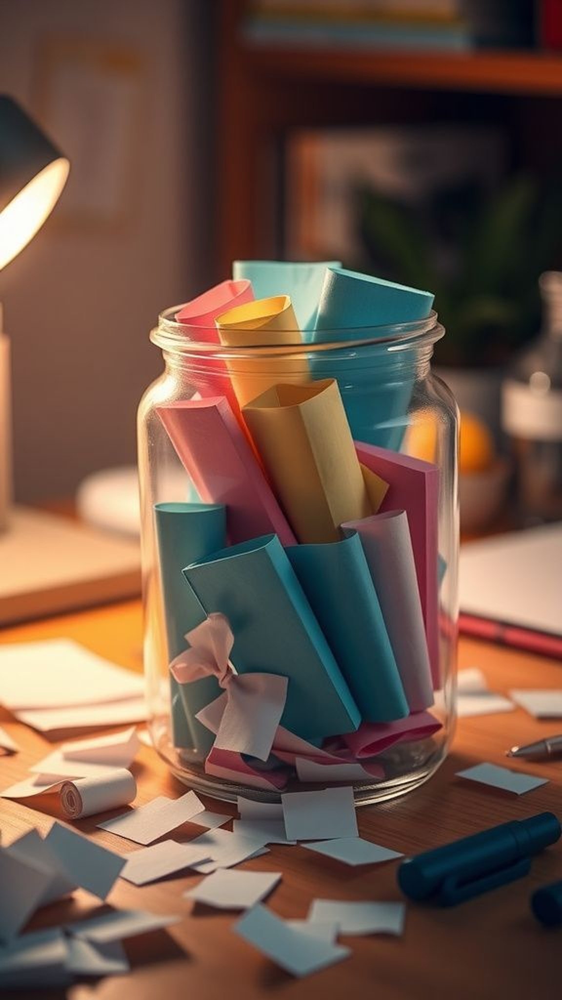 Jar of gratitude notes with colorful folded paper