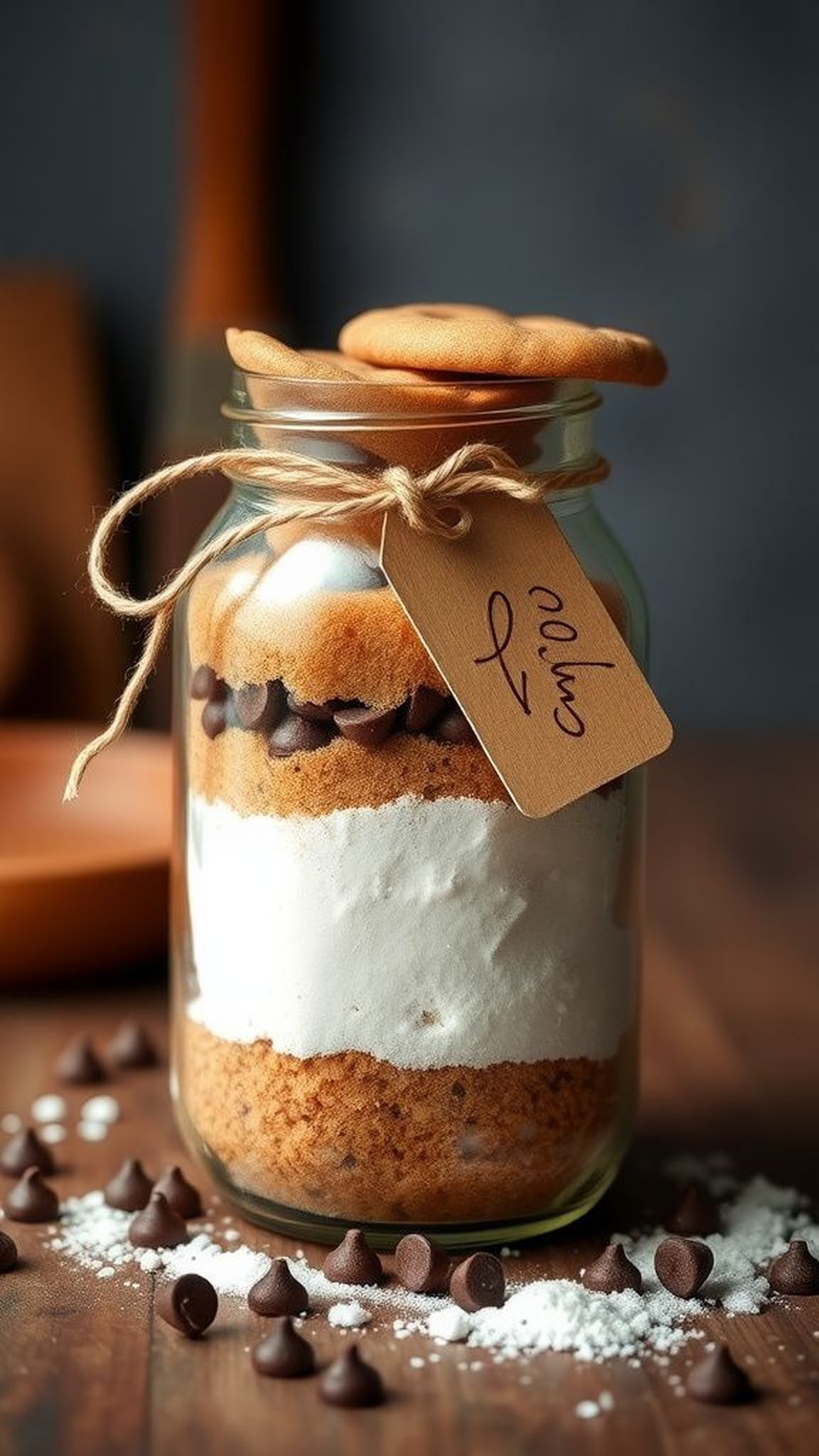 Layered cookie mix in a mason jar with tag