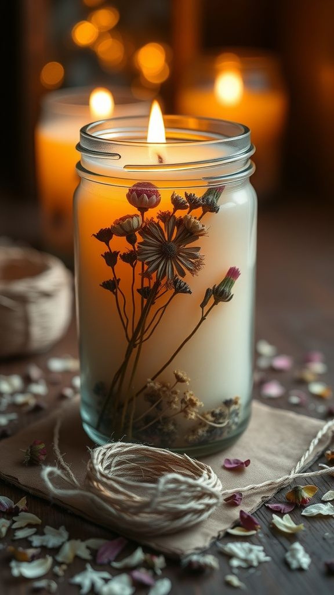 Scented jar candle with layered dried flowers