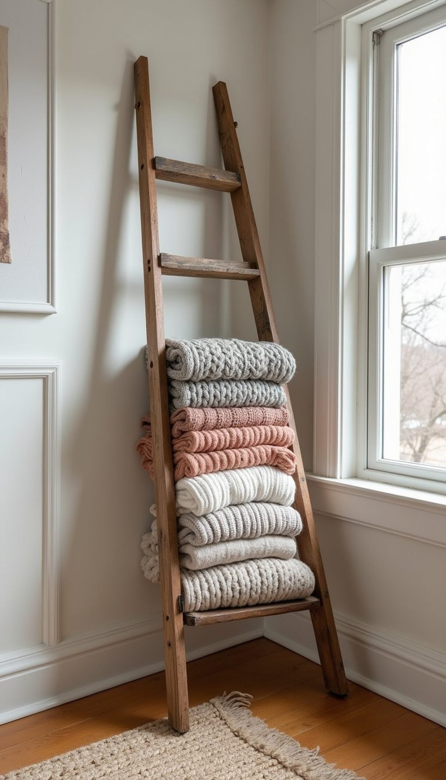 Blanket ladder display from a repurposed ladder
