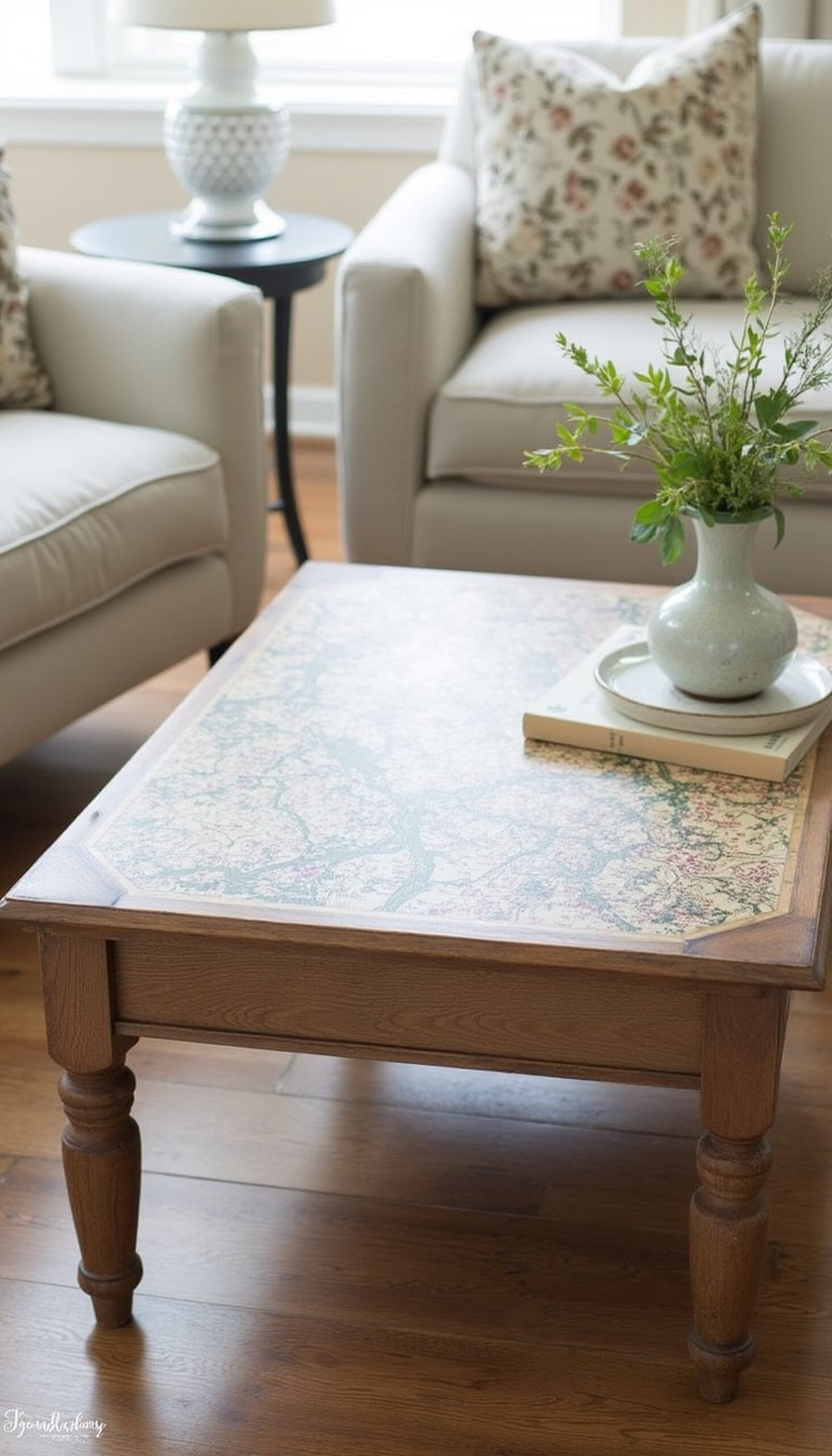 Decoupage tabletop with vintage maps or papers