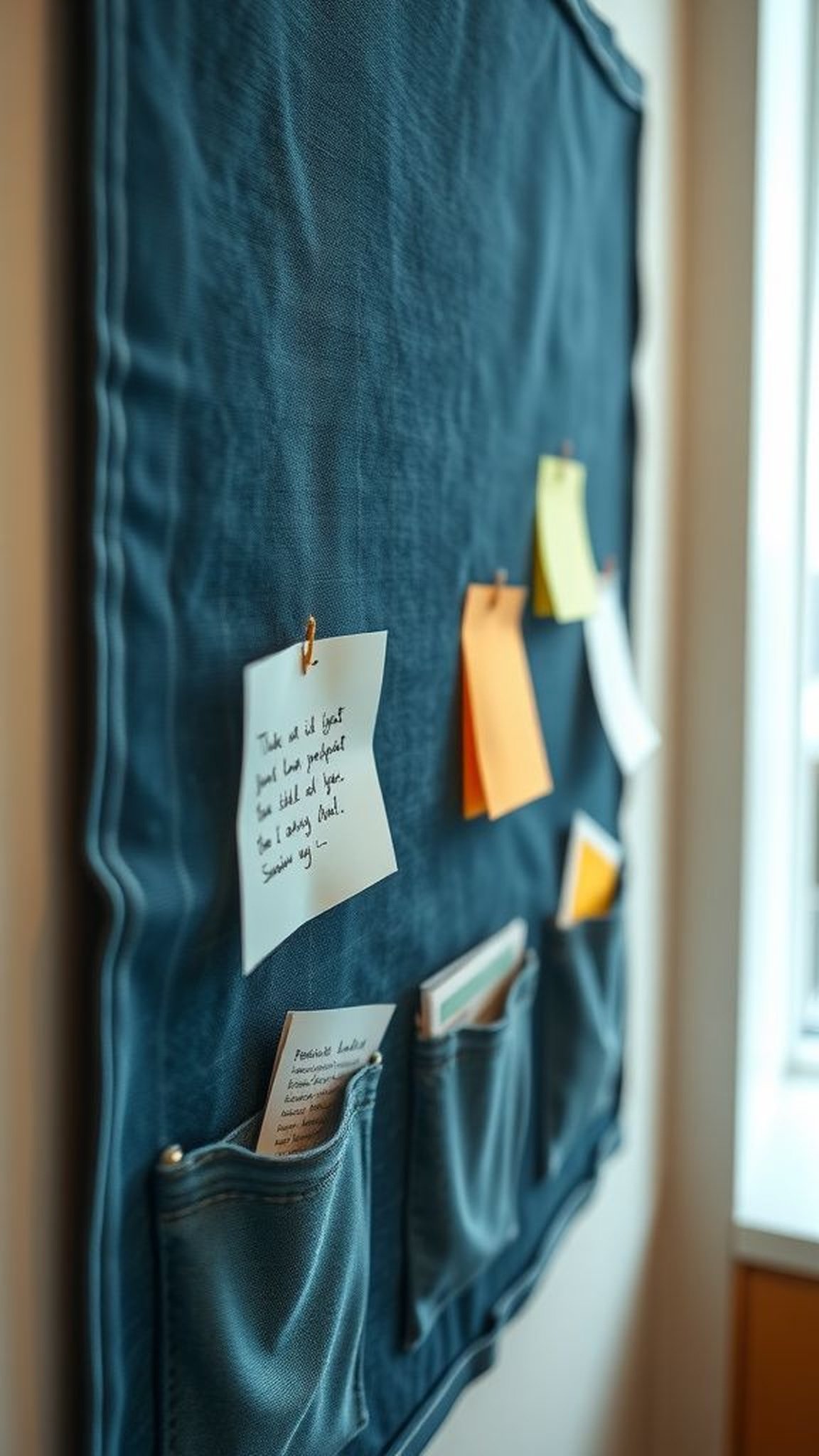 Denim-adorned fabric bulletin board for notes