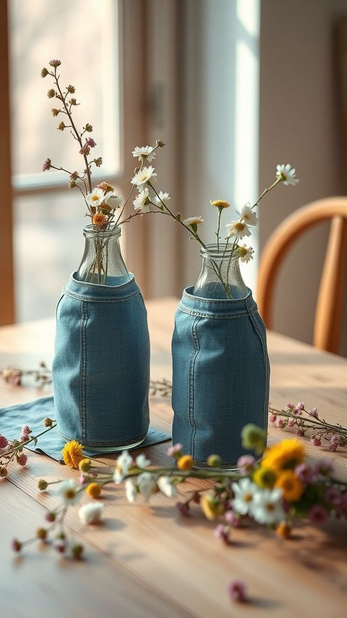 Denim bottle wrap for vases and candle sleeves
