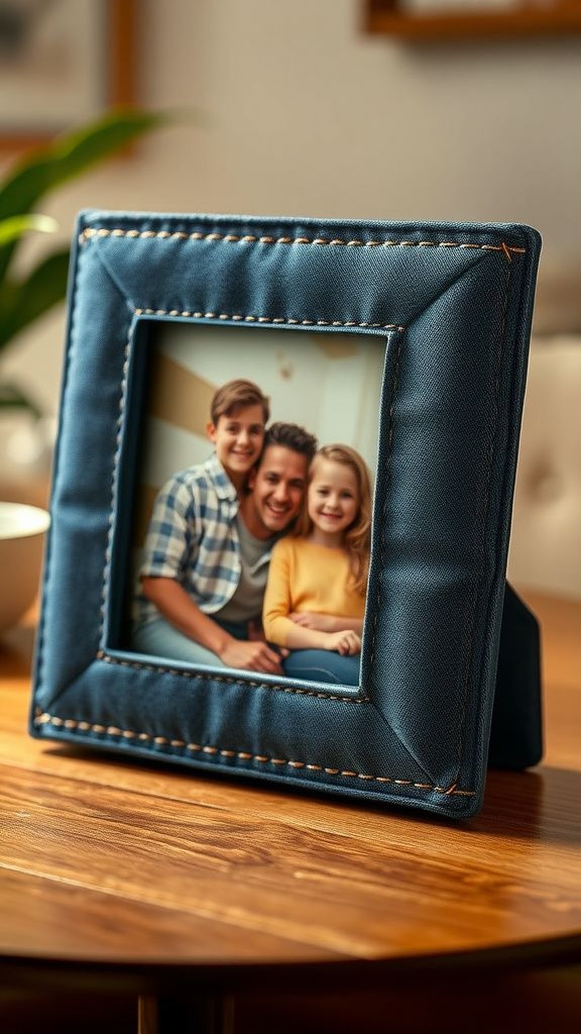 Denim-covered photo frames with stitched borders